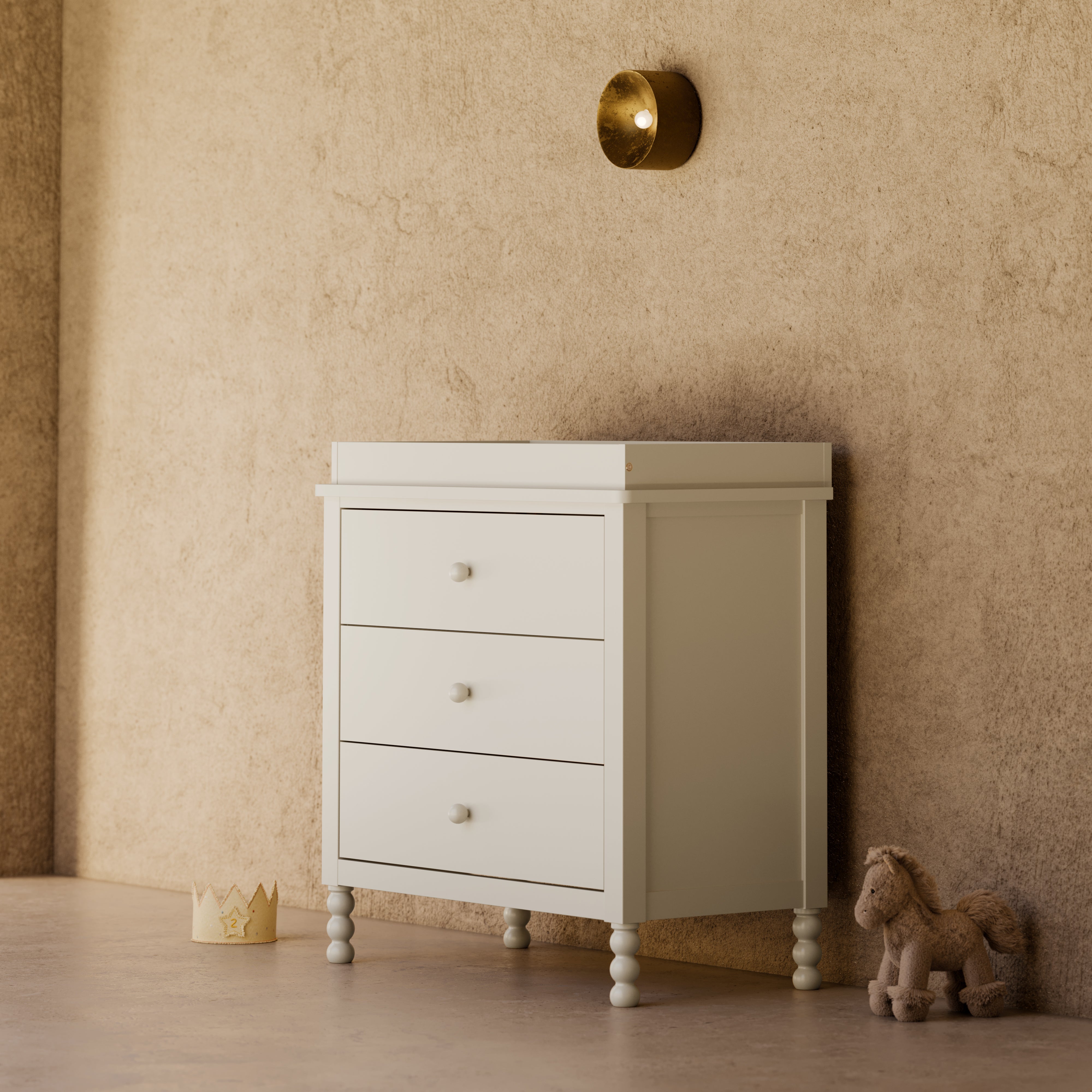 Rio frosted oat 3 drawer chest with topper in a nursery