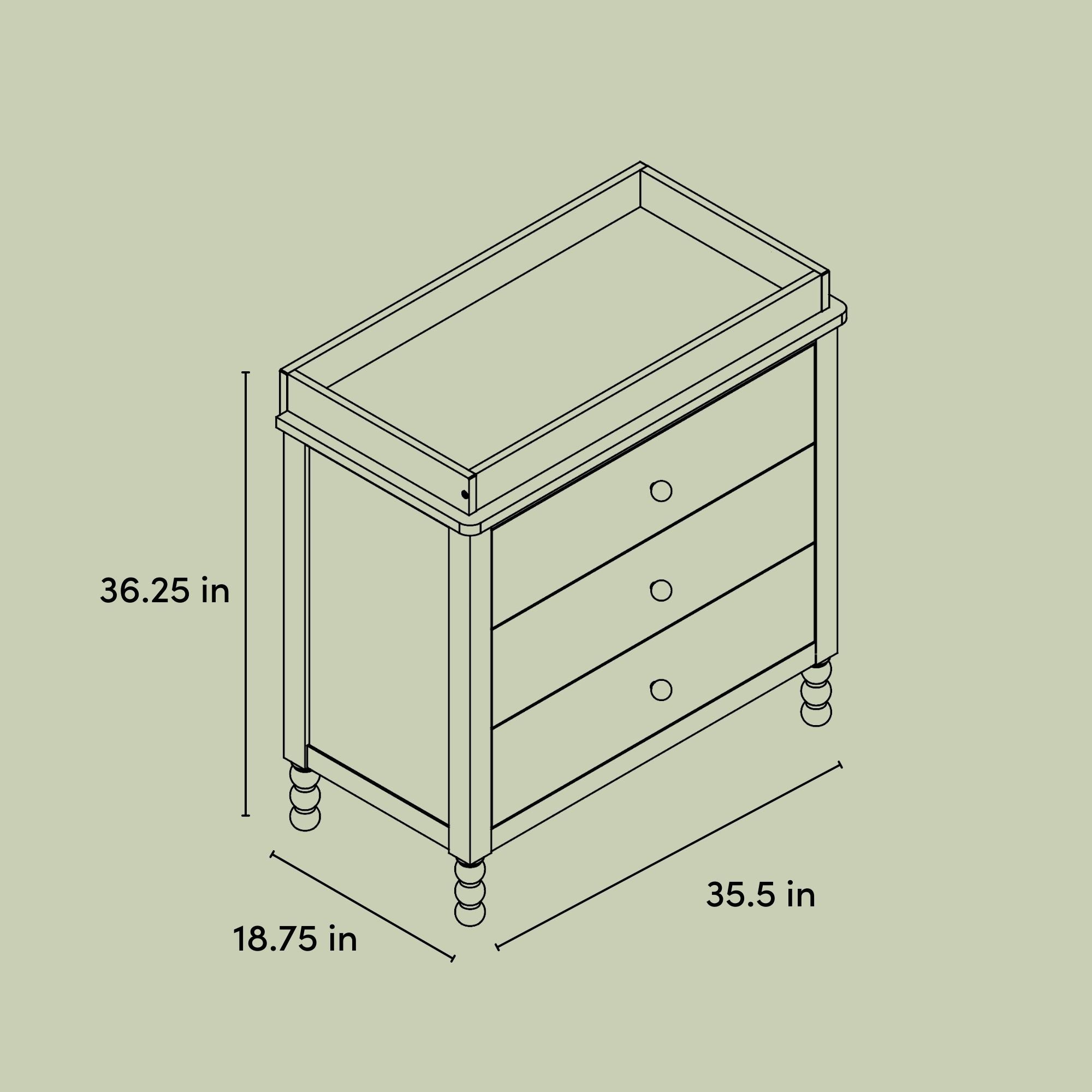 Rio 3 drawer chest with changing topper drawing with dimensions