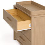 Malta driftwood 3 drawer chest with changing topper close up of top drawer open