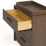 Malta hazelnut 3 drawer chest with changing topper close up of top drawer open