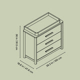 Malta 3 drawer chest with changing topper line drawing with dimensions