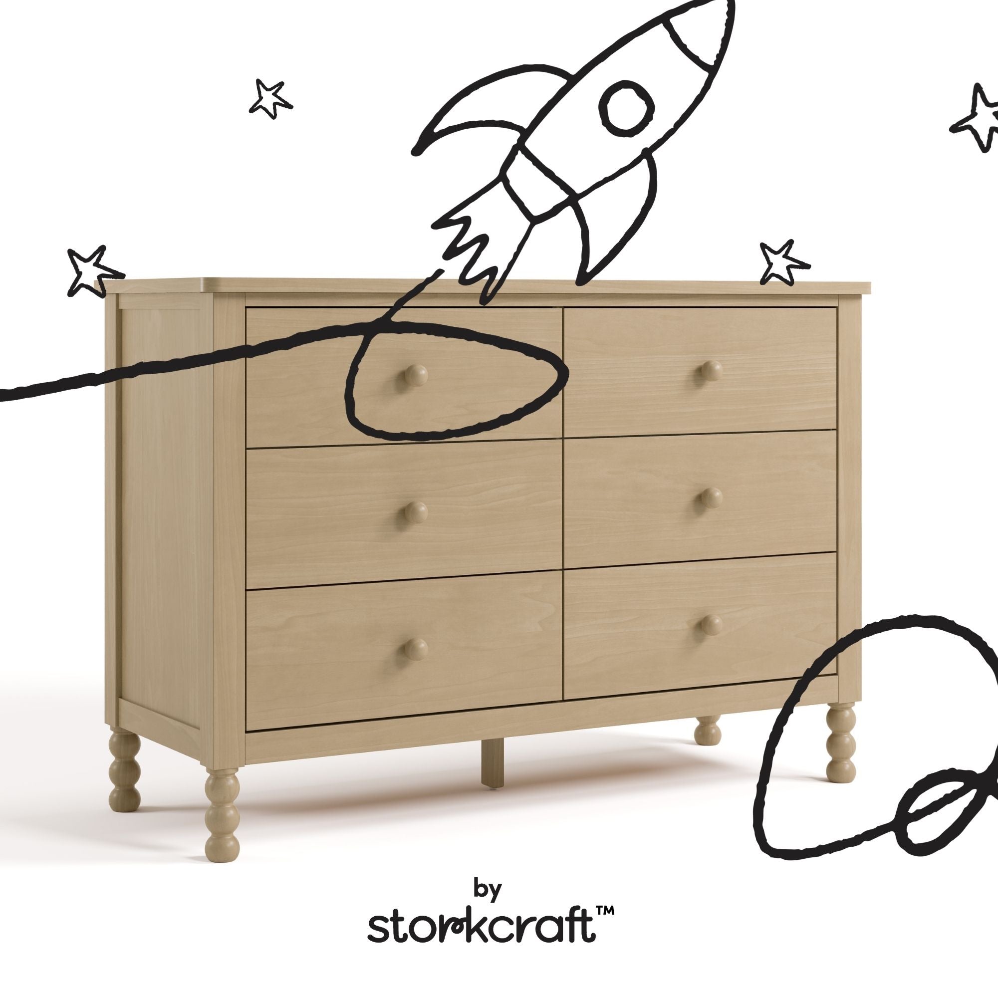 Rio driftwood 6 drawer dresser with black doodles overlaid on image