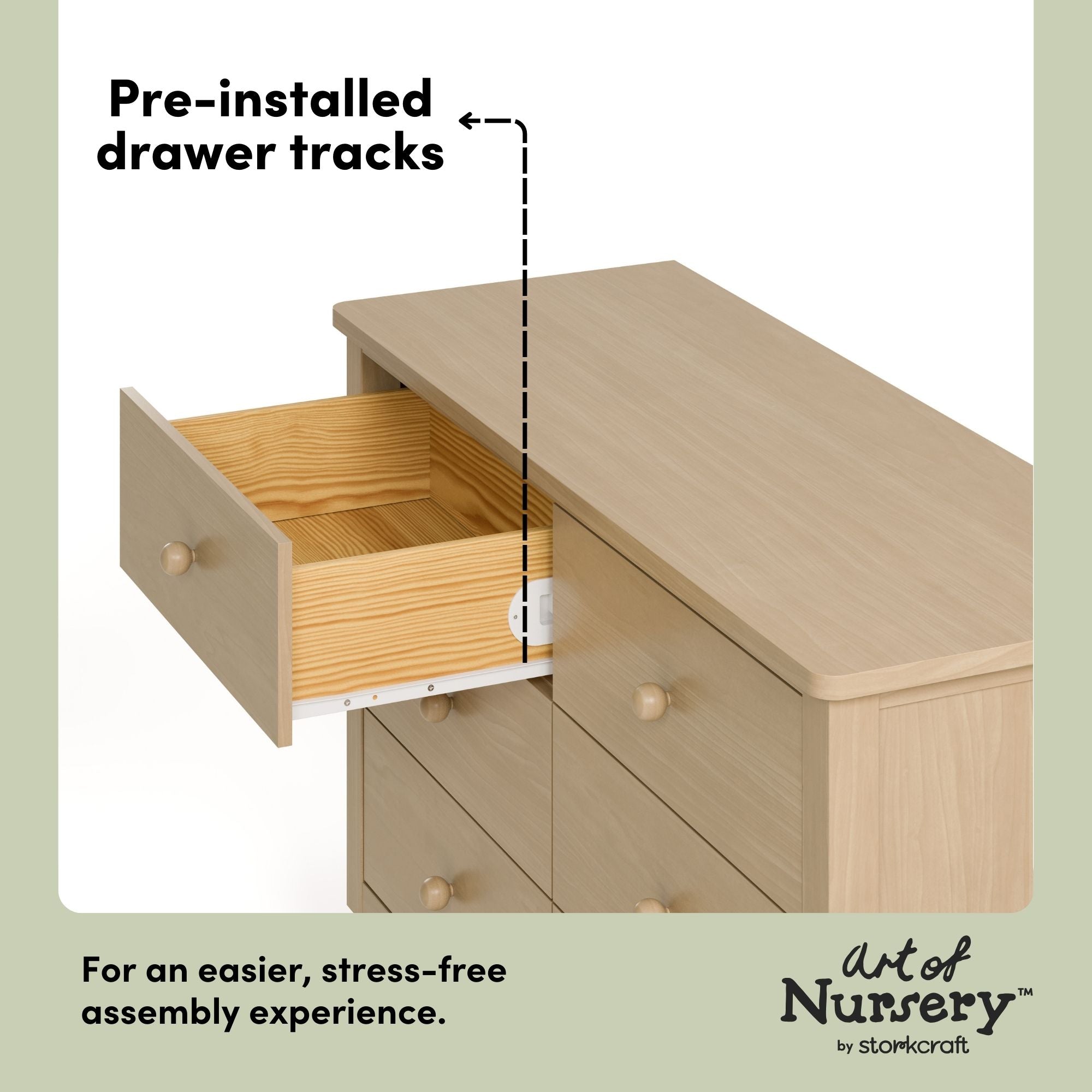 Rio driftwood 6 drawer dresser pre-installed drawer tracks callout