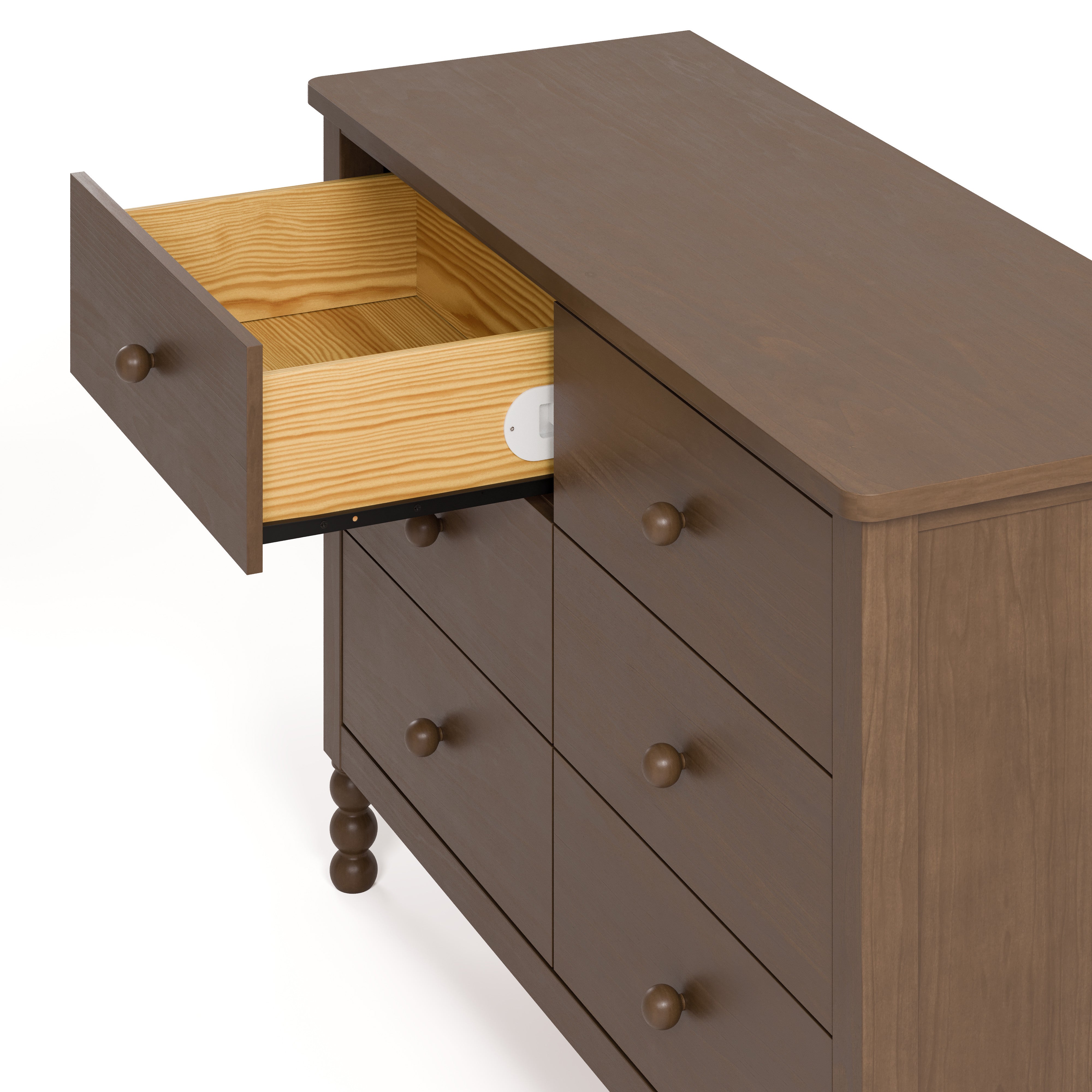 Rio hazelnut 6 drawer dresser with top left drawer open