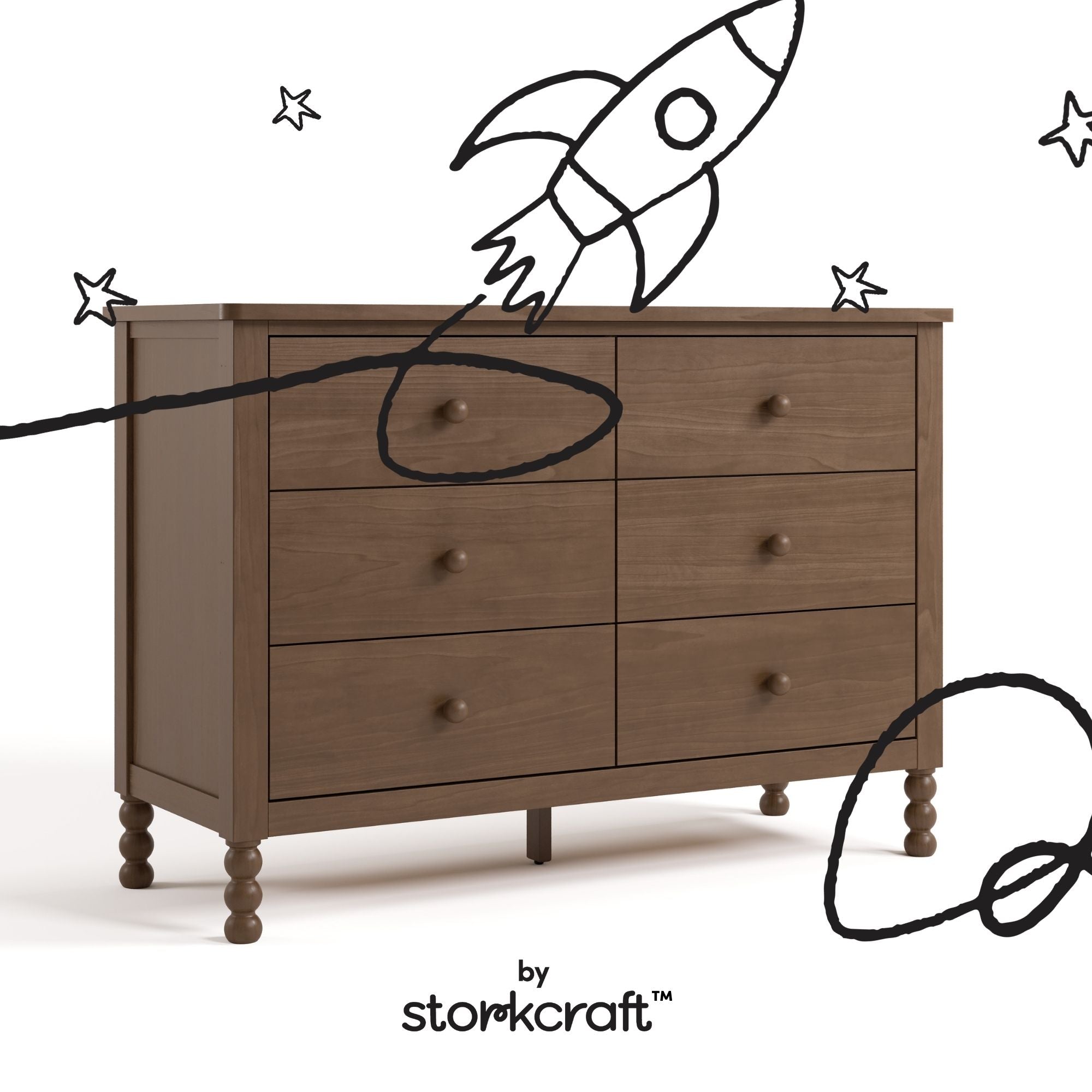 Rio hazelnut 6 drawer dresser with black doodles overlaid on image
