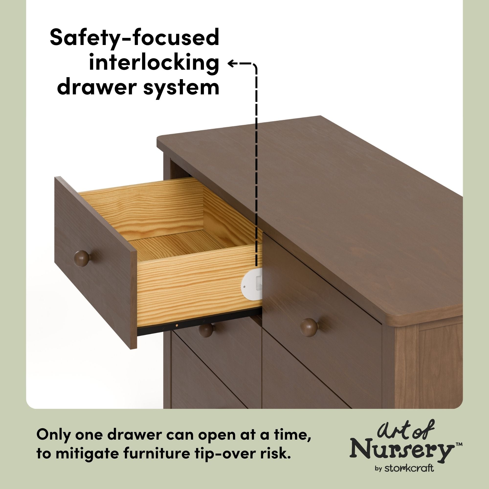 Rio hazelnut 6 drawer dresser interlocking drawers callout