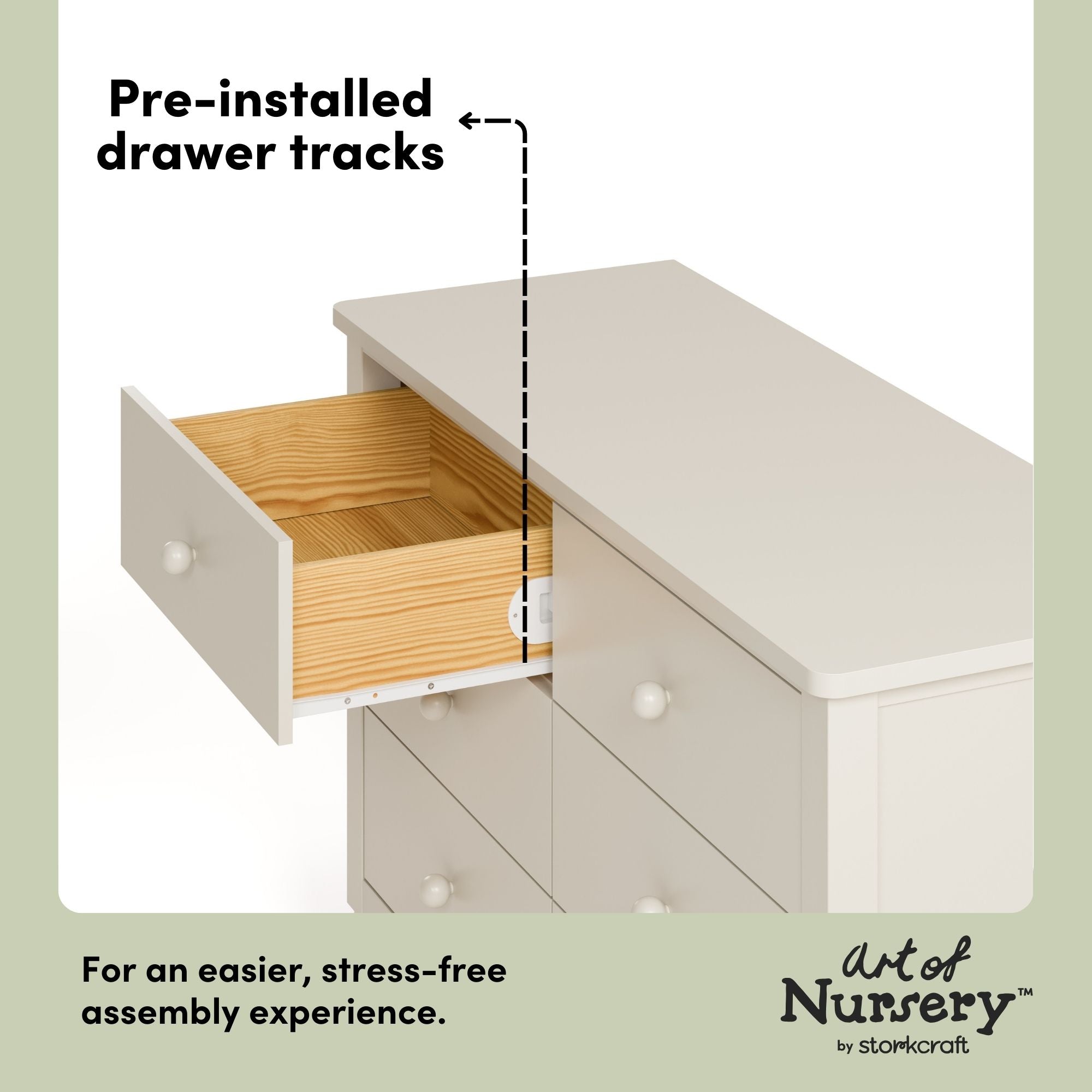 Rio frosted oat 6 drawer dresser pre-installed drawer tracks callout