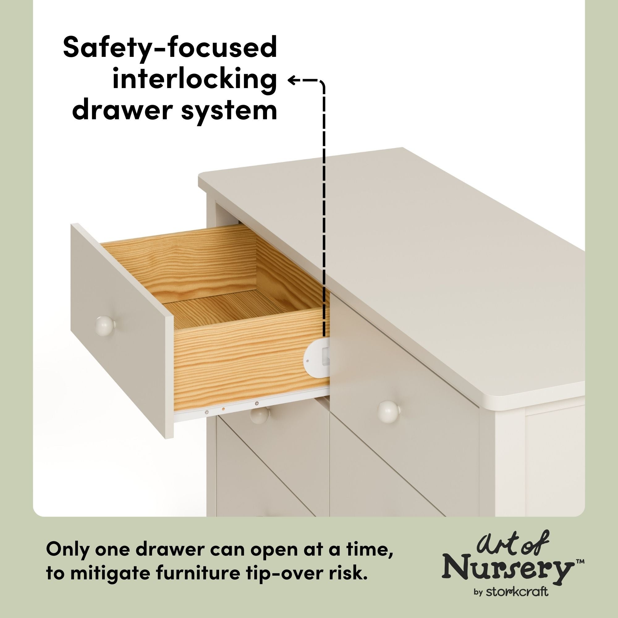 Rio frosted oat 6 drawer dresser interlocking drawers callout