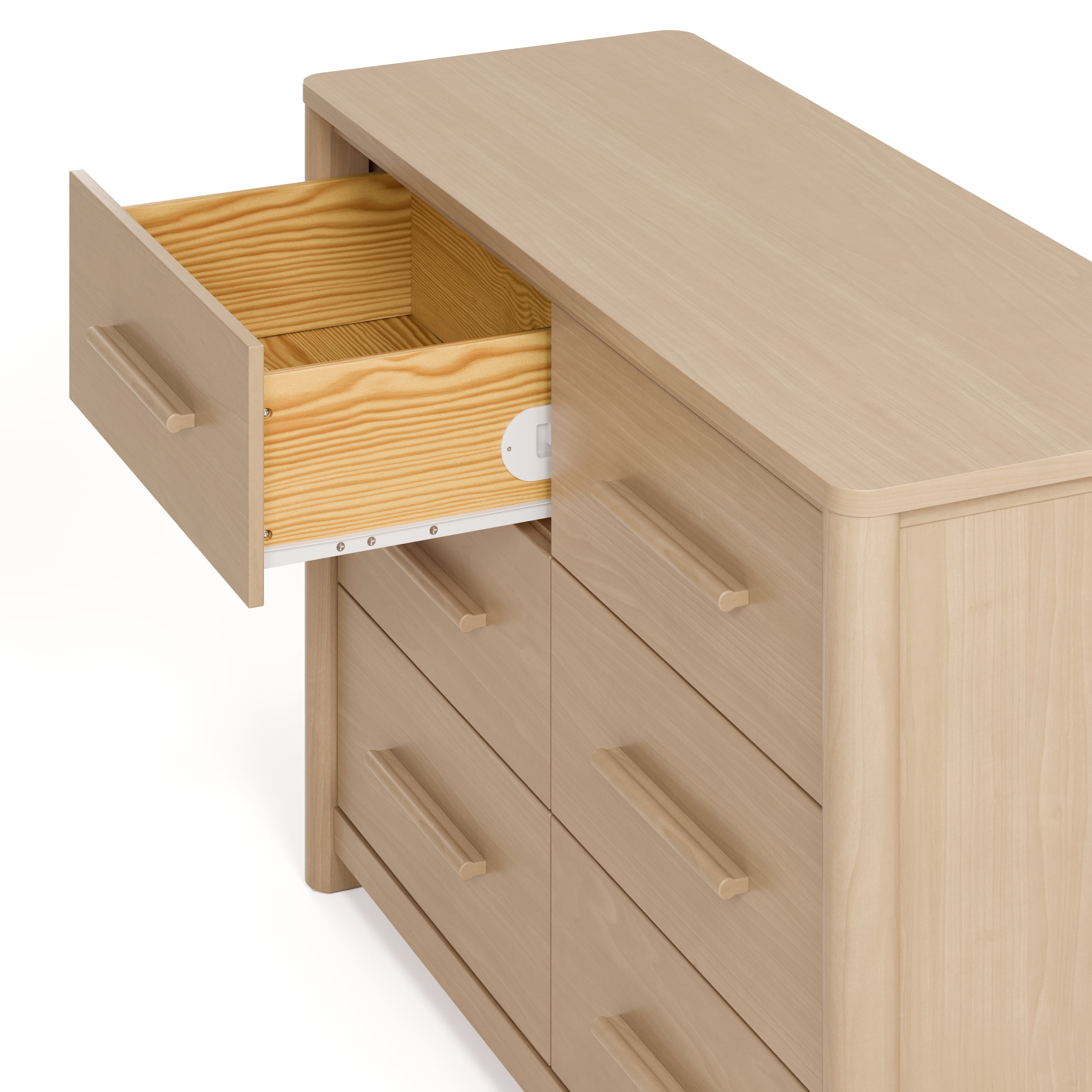 Malta driftwood 6 drawer dresser close up of top left drawer open