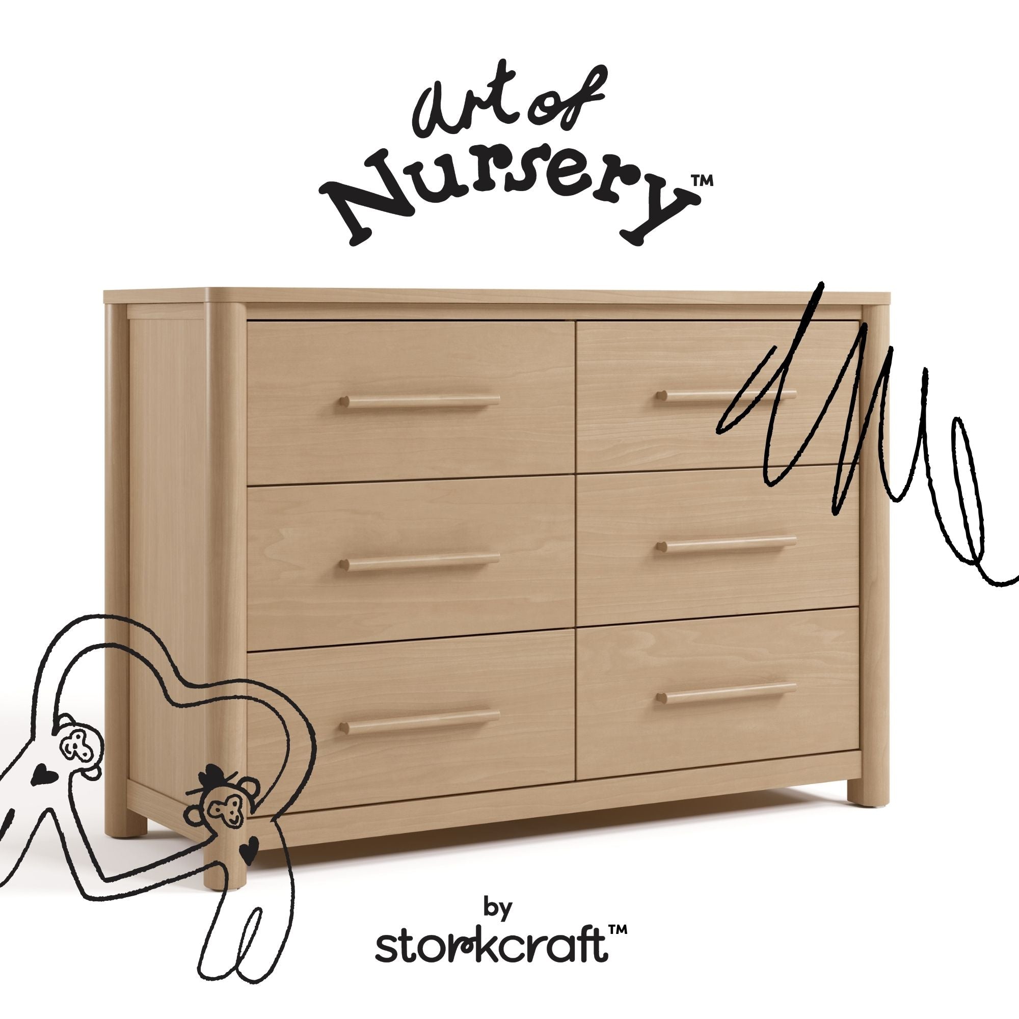 Malta driftwood 6 drawer dresser with black doodles overlaid on image