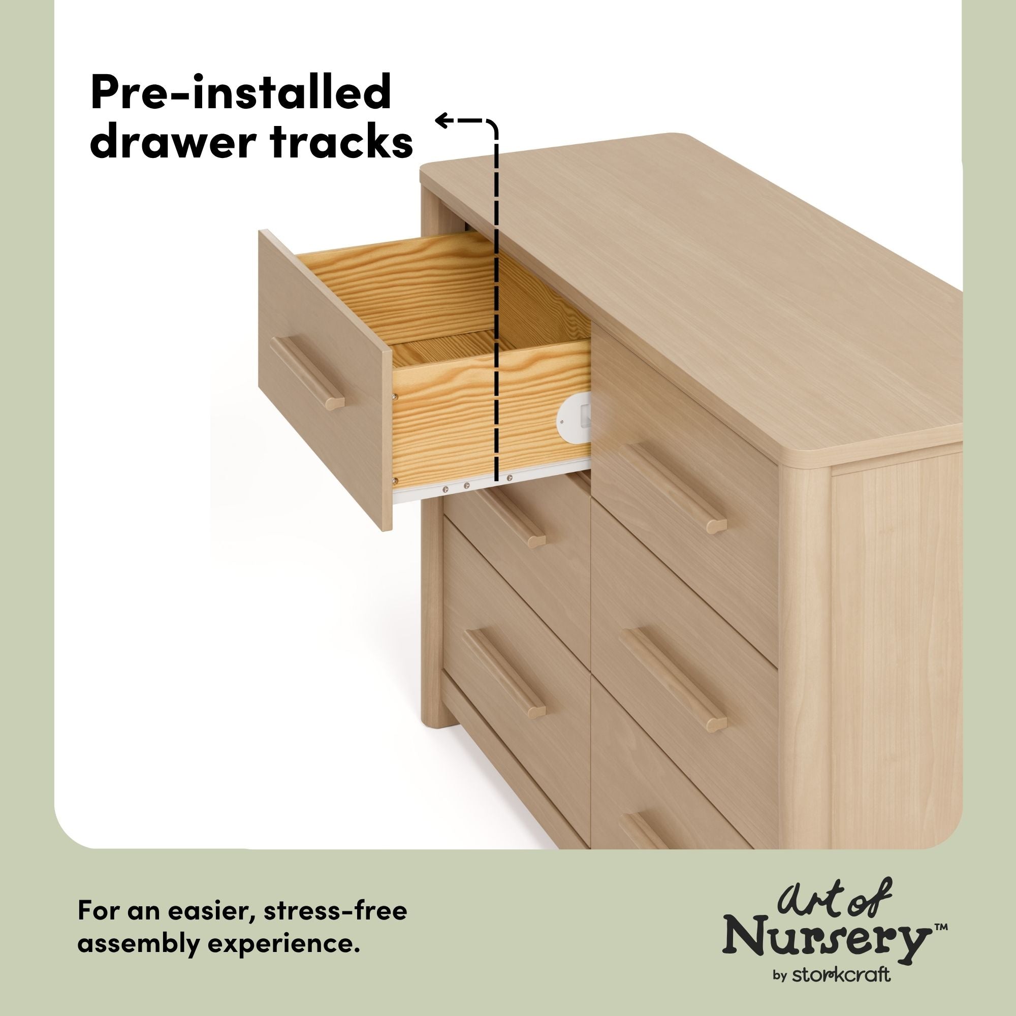 Malta driftwood 6 drawer dresser pre-installed drawer tracks callout