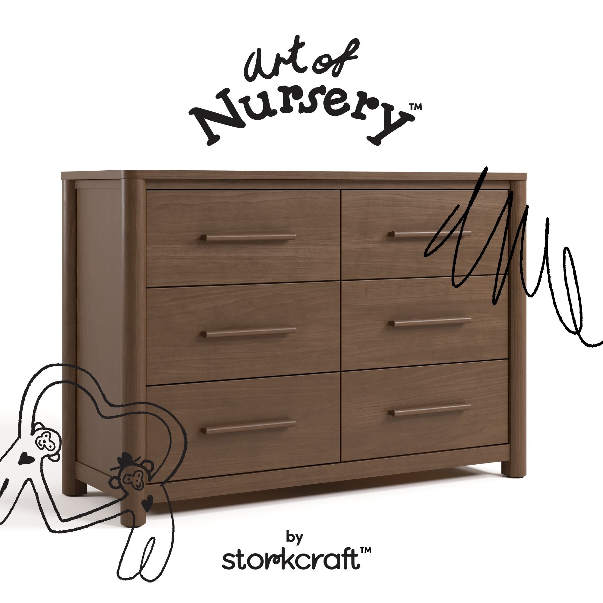 Malta hazelnut 6 drawer dresser with black doodles overlaid on image