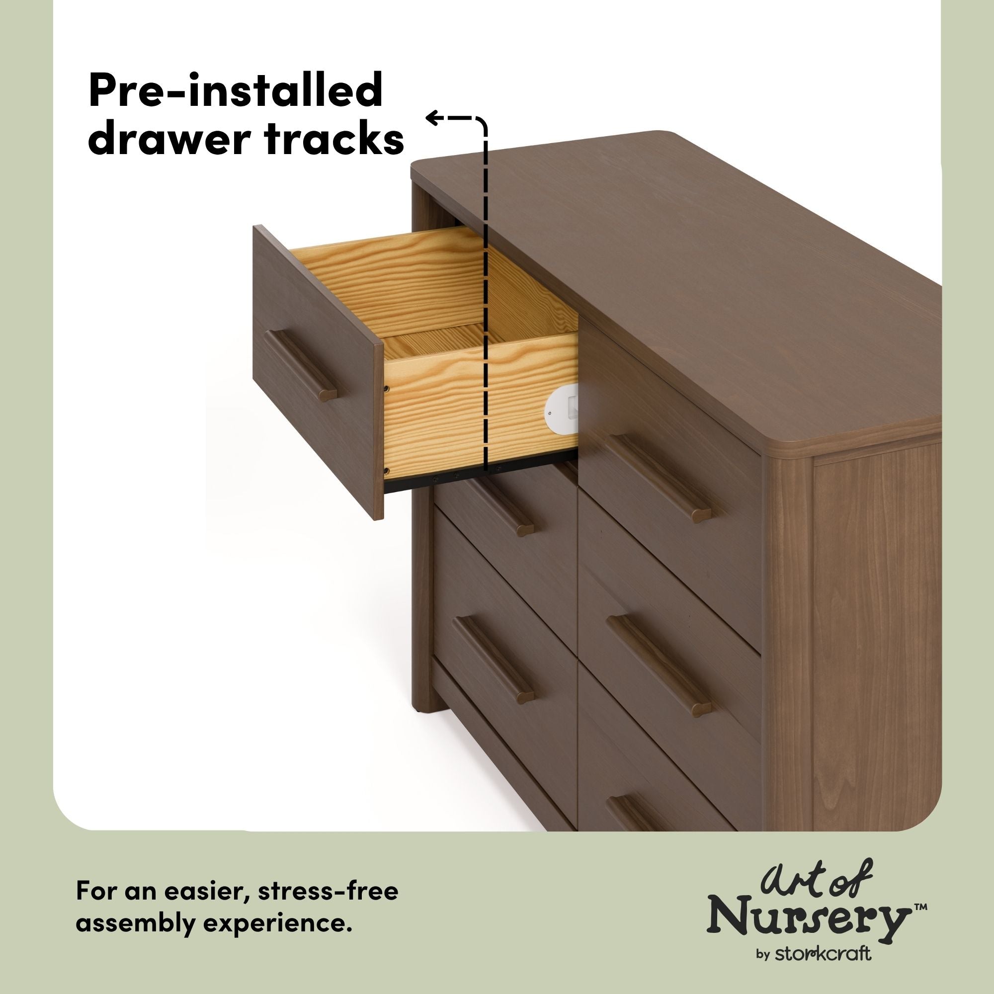 Malta hazelnut 6 drawer dresser pre-installed drawer tracks callout