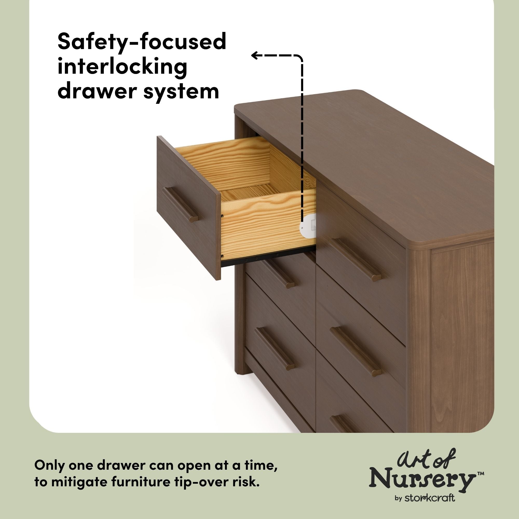 Malta hazelnut 6 drawer dresser interlocking drawers callout
