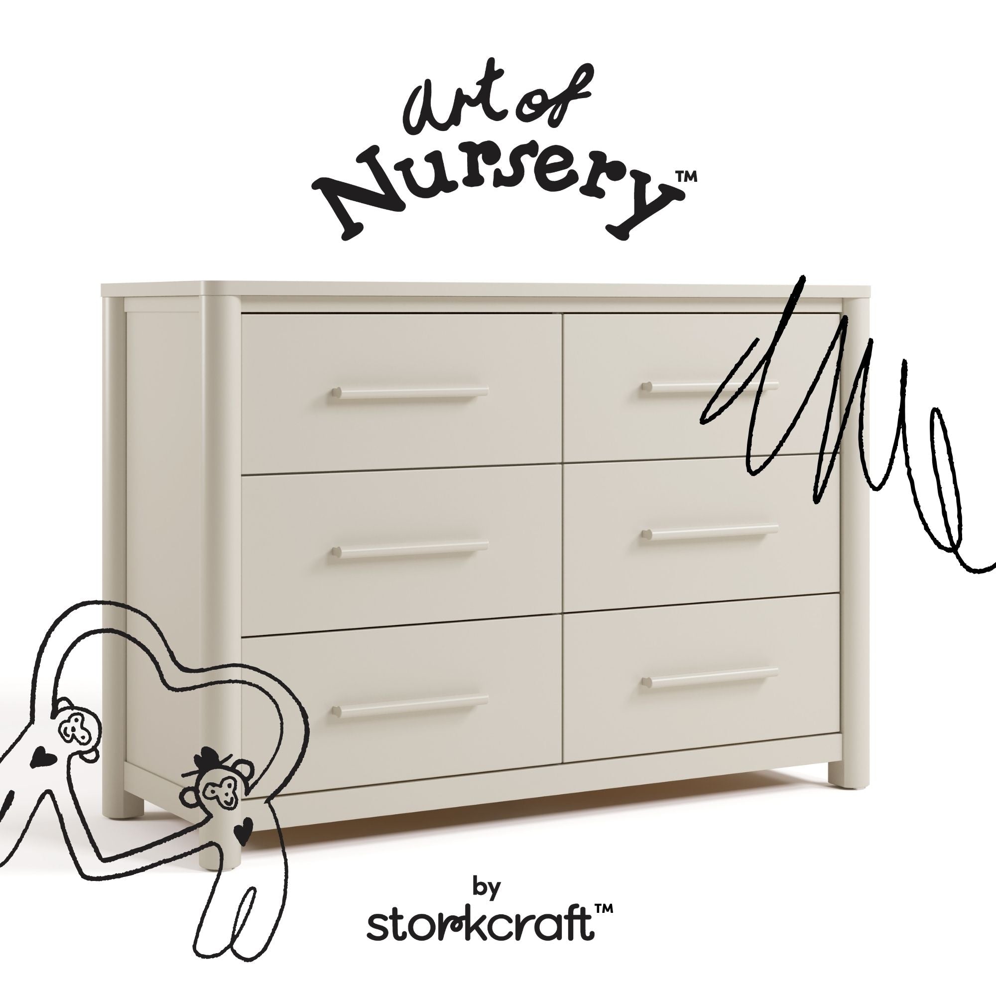 Malta frosted oat 6 drawer dresser with black doodles overlaid on image