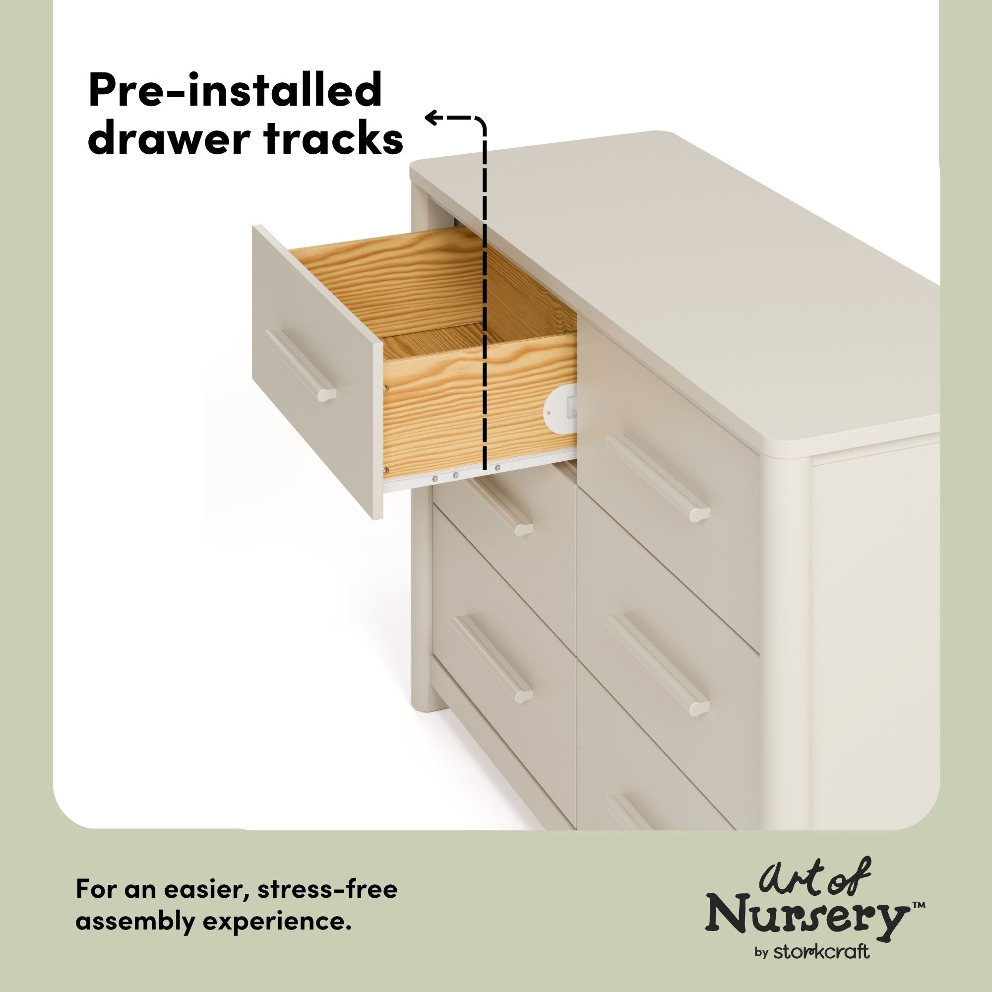 Malta frosted oat 6 drawer dresser pre-installed drawer tracks callout