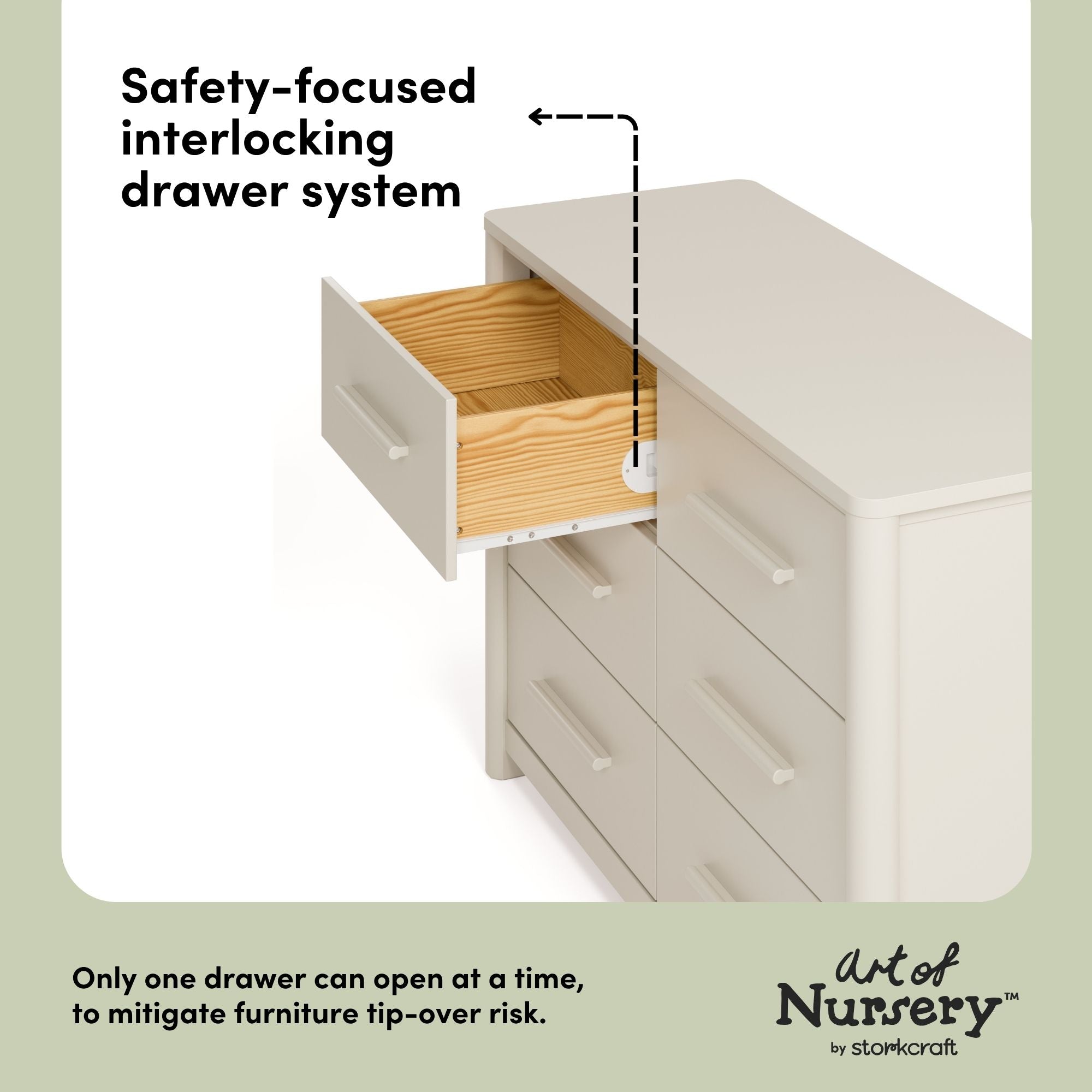 Malta frosted oat 6 drawer dresser interlocking drawers callout