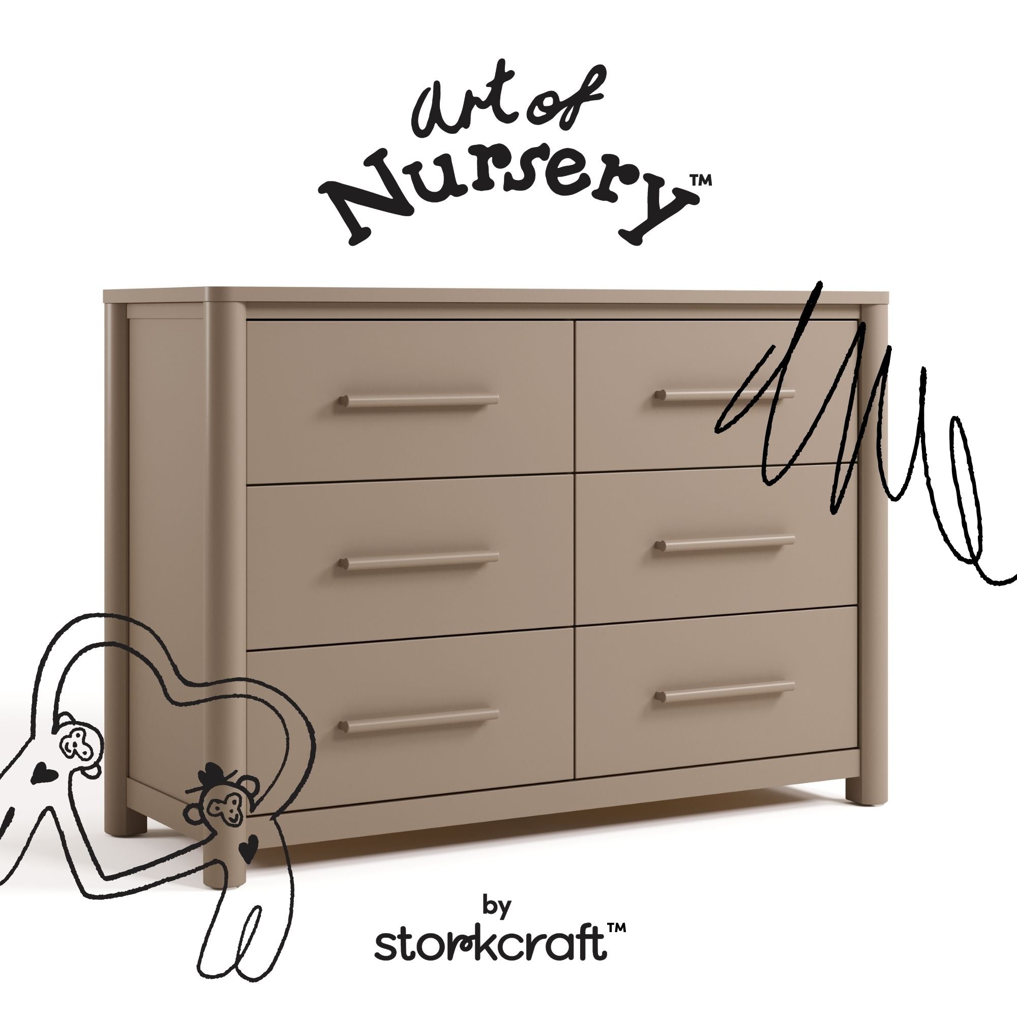 Malta taupe 6 drawer dresser with black doodles overlaid on image