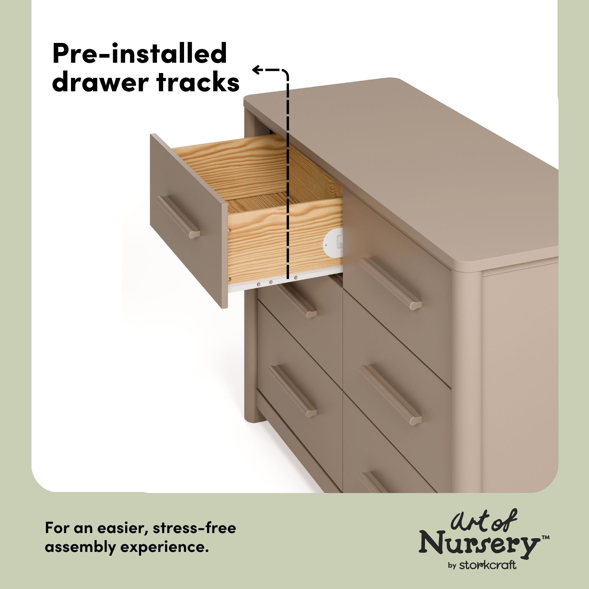 Malta taupe 6 drawer dresser pre-installed drawer tracks callout