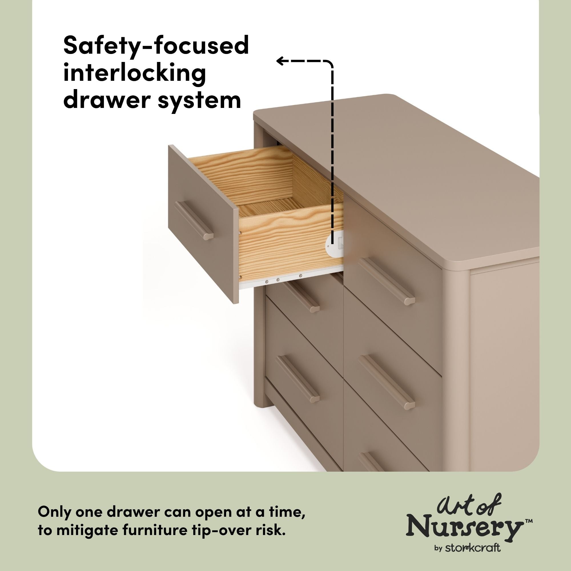 Malta taupe 6 drawer dresser interlocking drawers callout