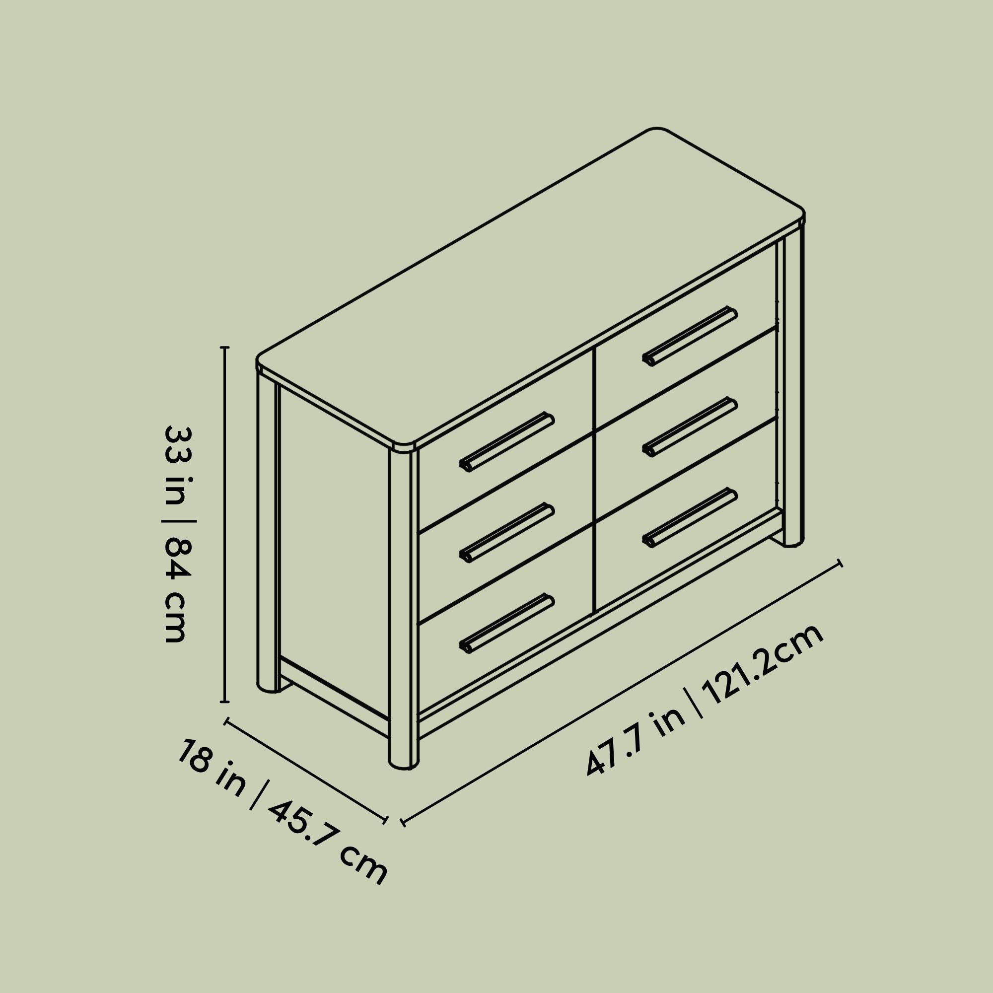 Malta 6 drawer dresser line drawing with dimensions