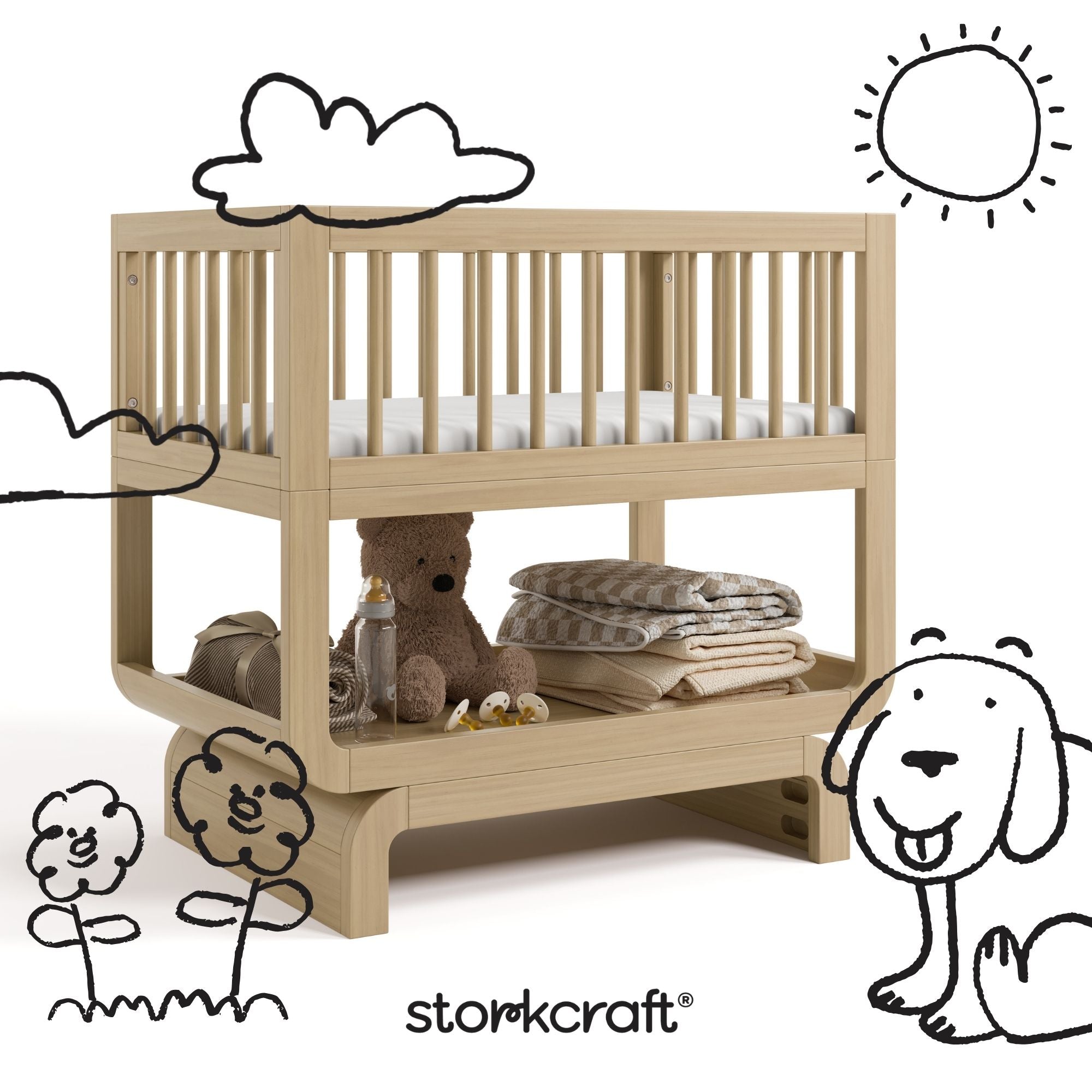 Santorini driftwood bassinet with black doodles overlaid on image