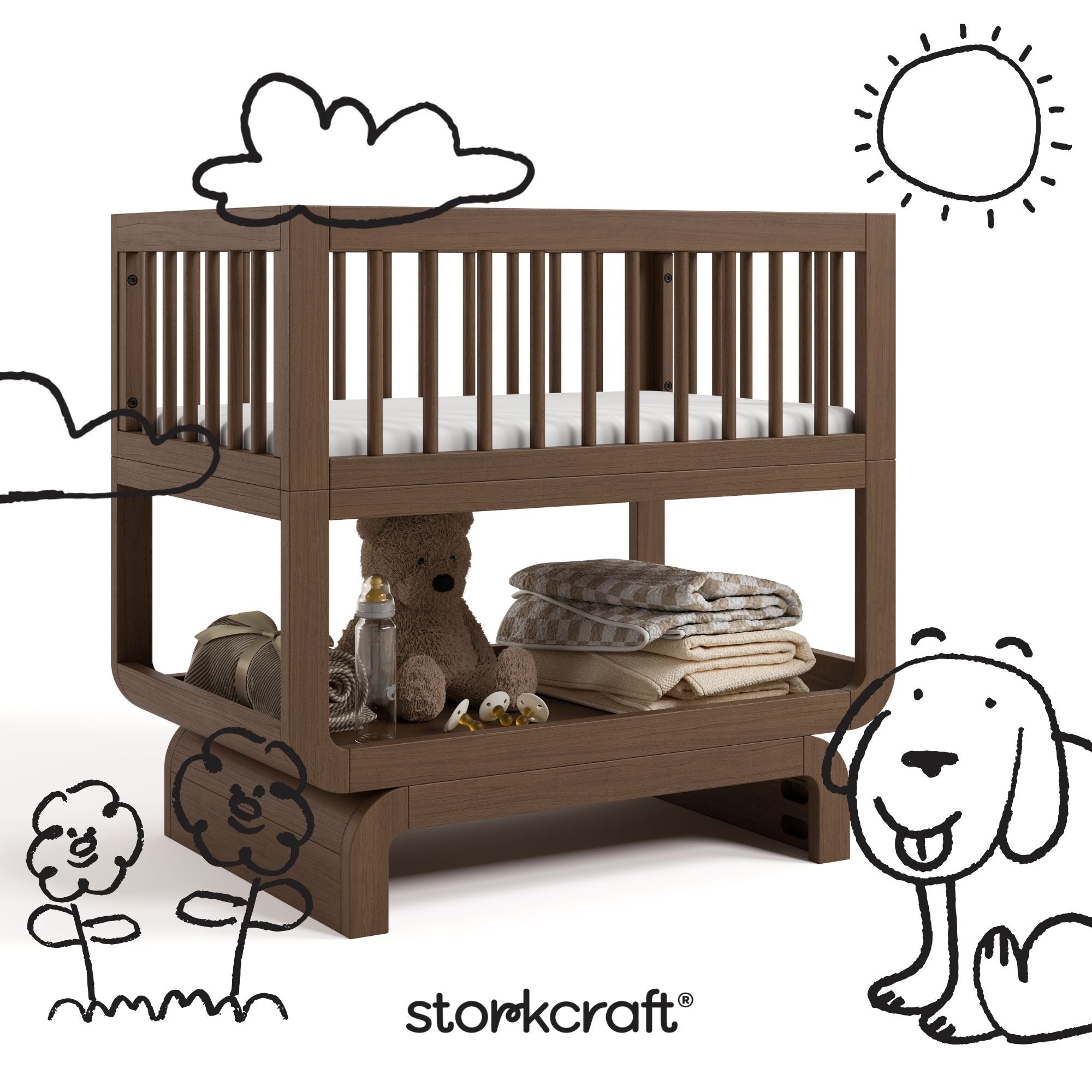 Santorini hazelnut bassinet with black doodles overlaid on image