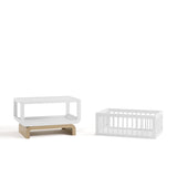 Santorini white with driftwood bassinet converted to bookcase and toybox