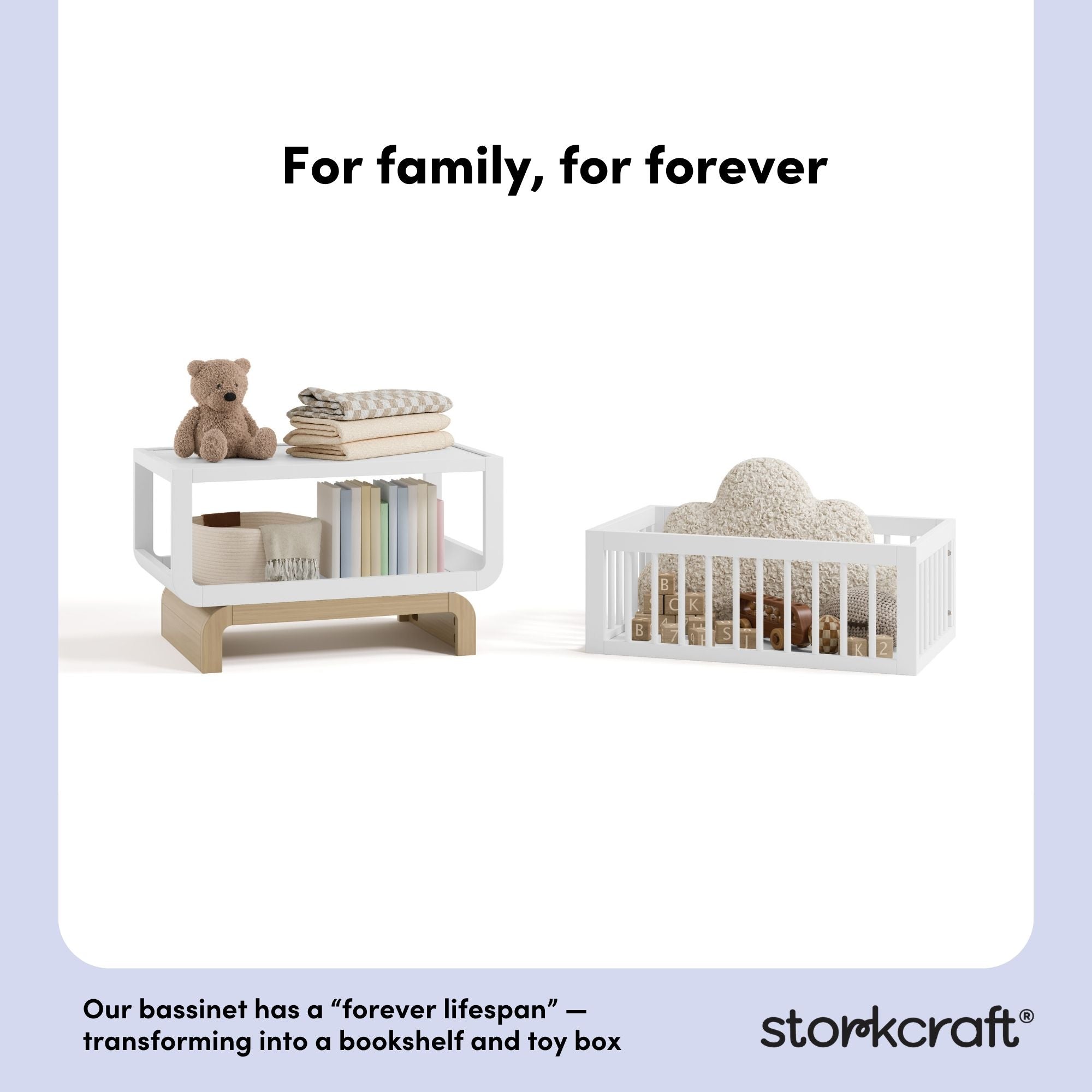 Santorini white with driftwood bassinet bookshelf and toybox conversion callout