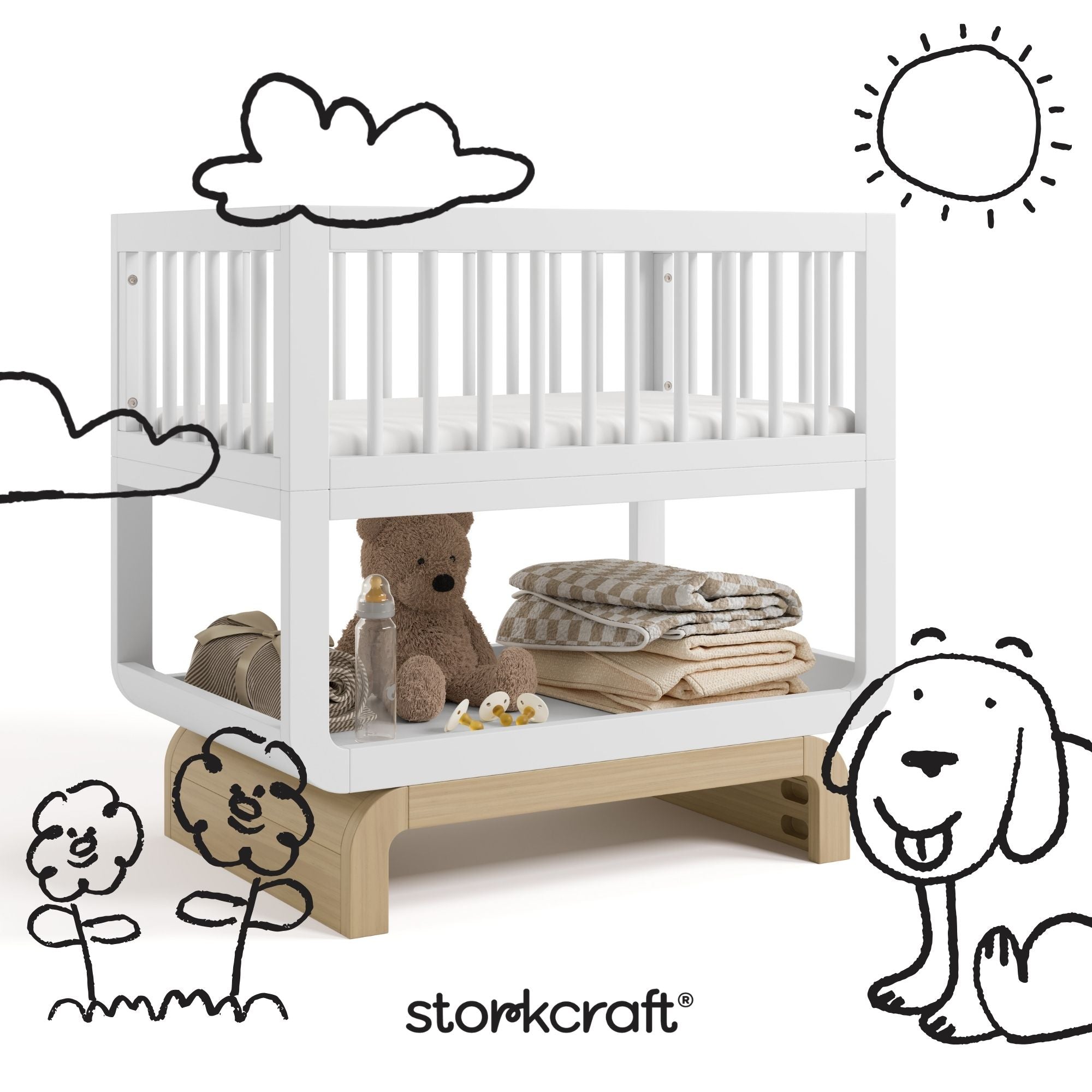 Santorini white with driftwood bassinet with black doodles overlaid on image
