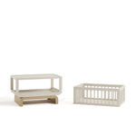 Santorini frosted oat with driftwood bassinet converted to bookcase and toybox