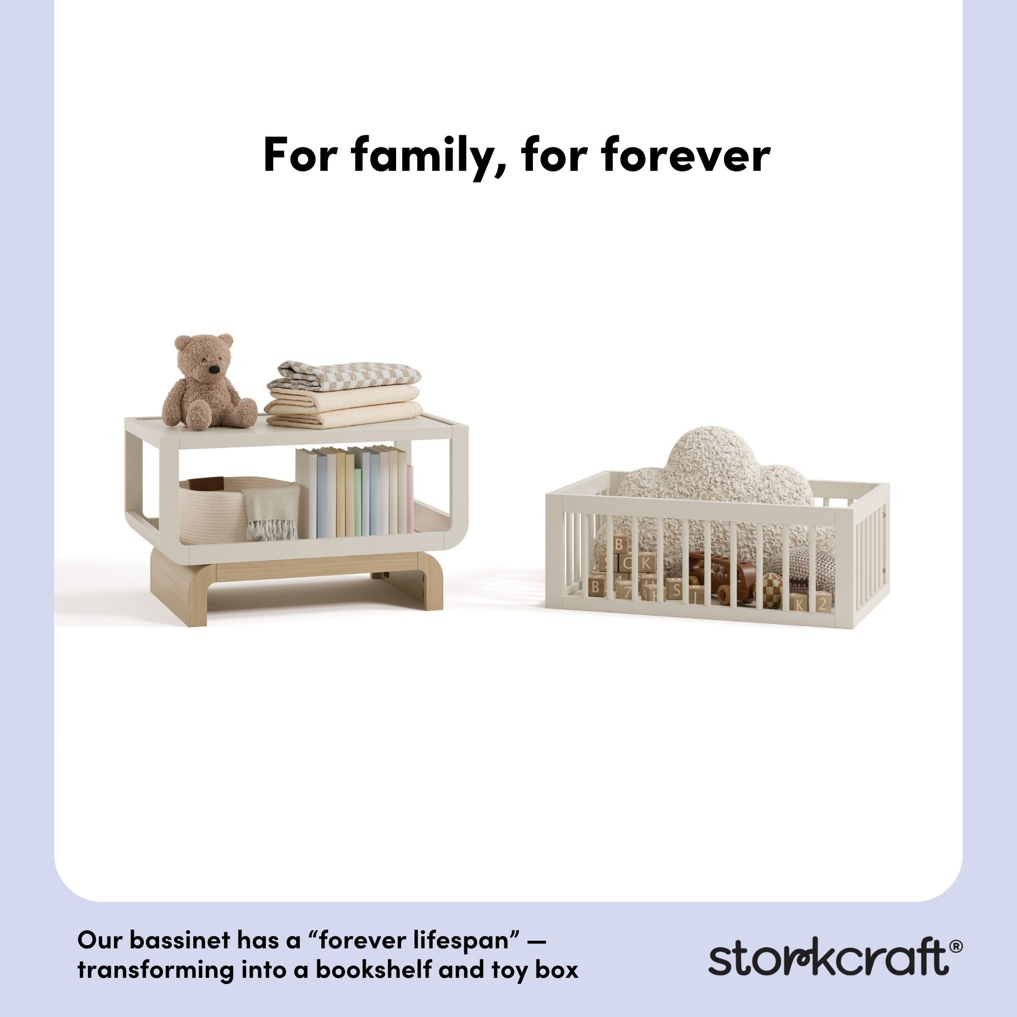 Santorini frosted oat with driftwood bassinet bookshelf and toybox conversion callout