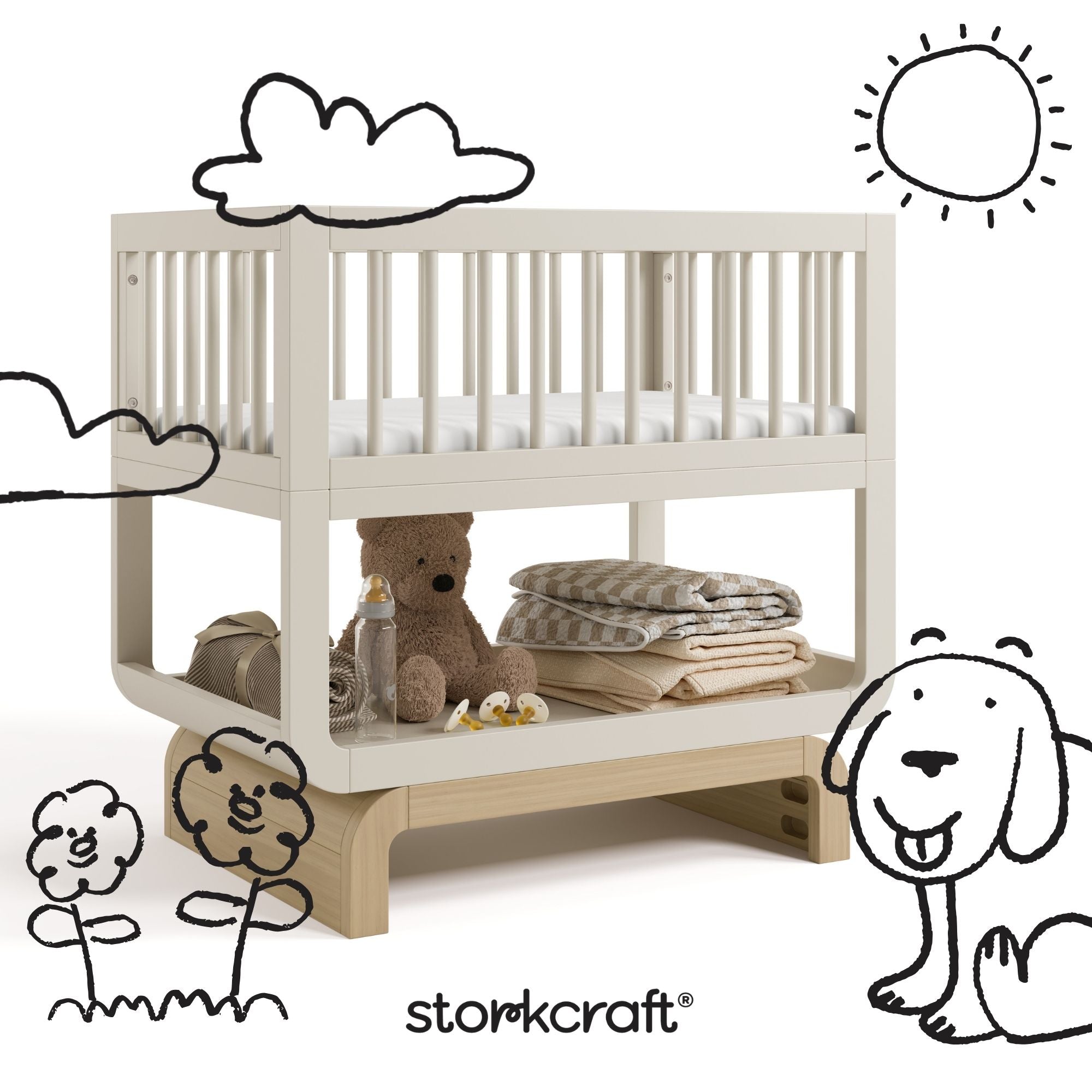 Santorini frosted oat with driftwood bassinet with black doodles overlaid on image