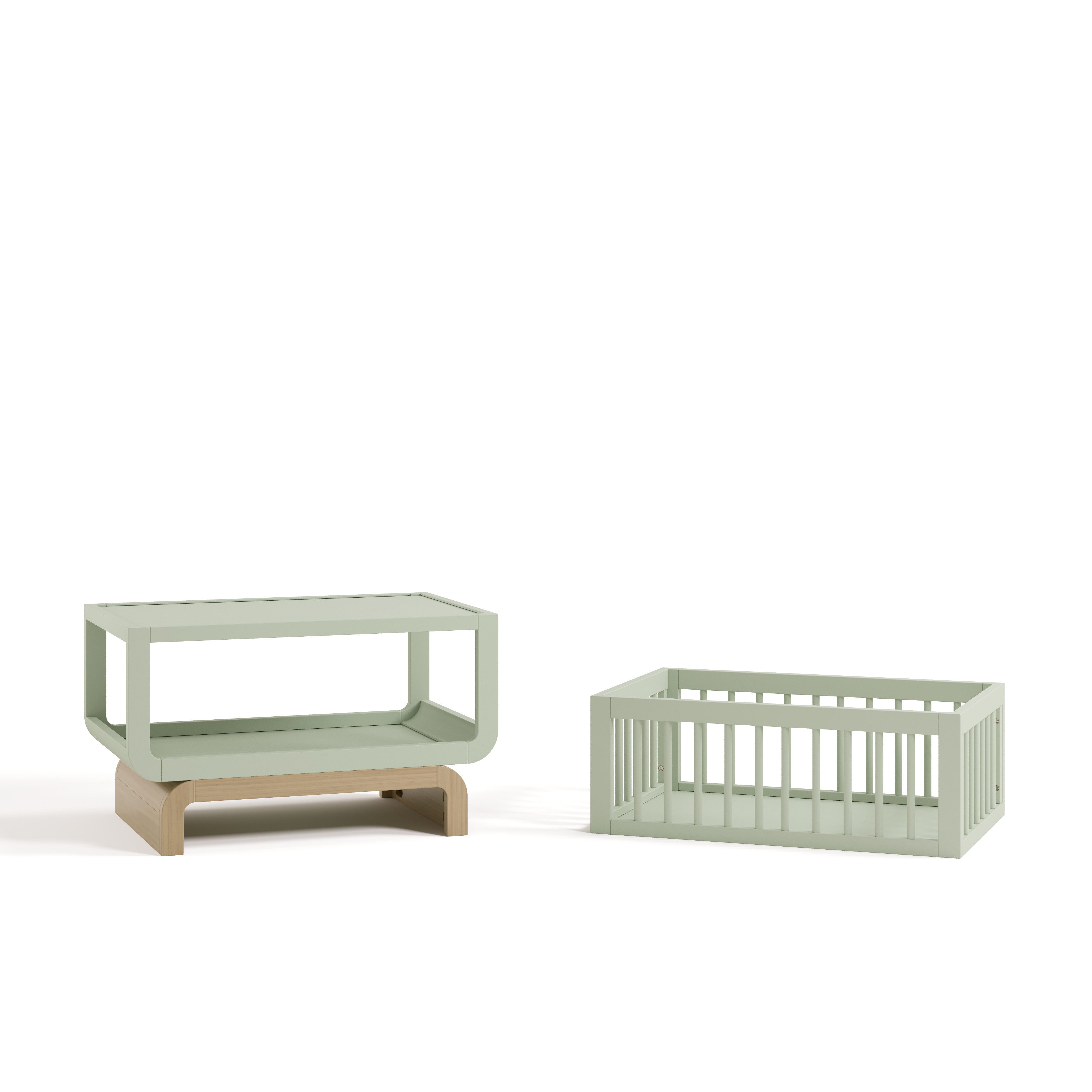 Santorini sage with driftwood bassinet converted to bookcase and toybox