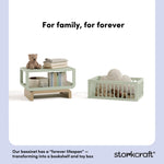 Santorini sage with driftwood bassinet bookshelf and toybox conversion callout