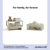 Santorini sage with driftwood bassinet bookshelf and toybox conversion callout