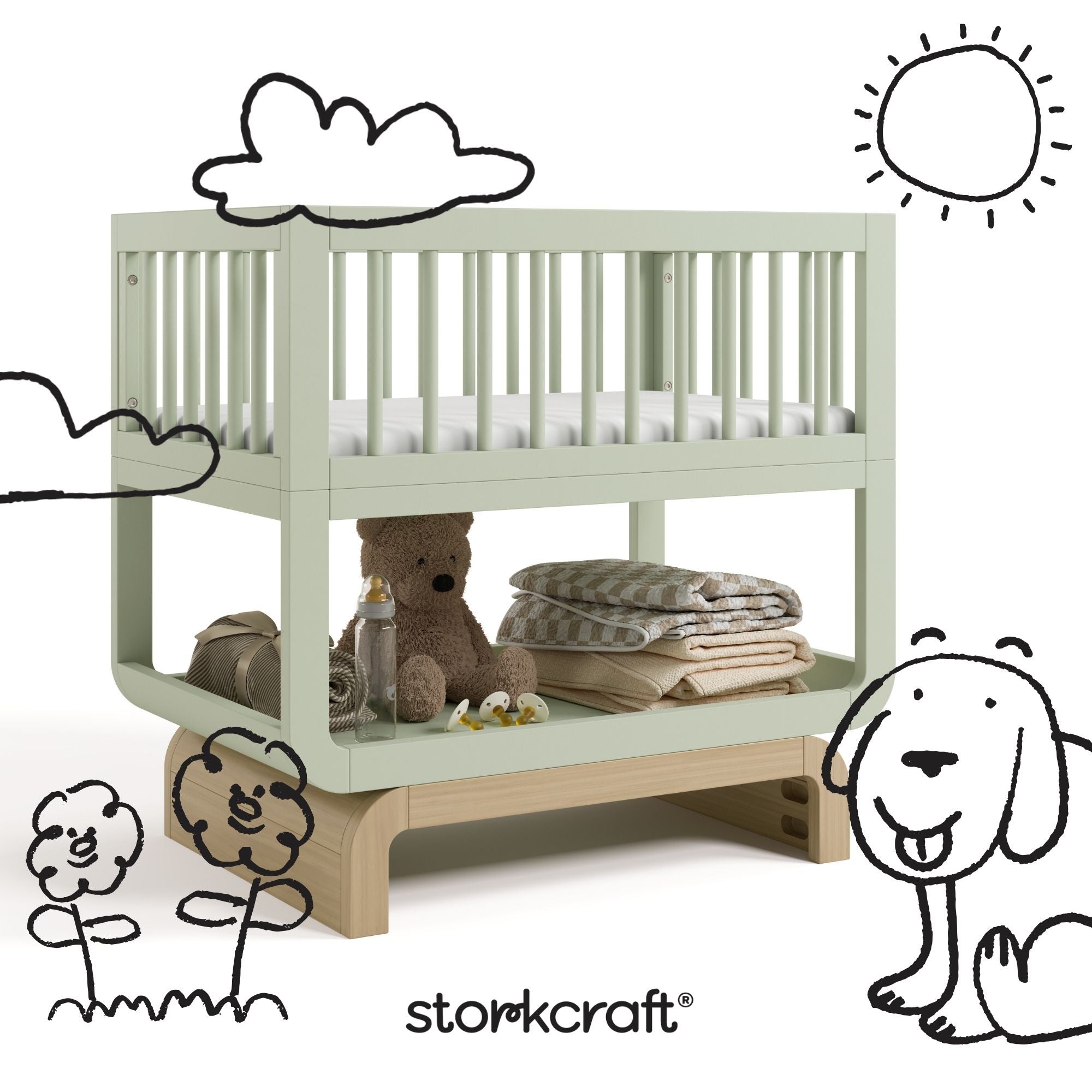 Santorini sage with driftwood bassinet with black doodles overlaid on image