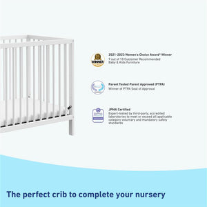 white mini crib with awards and certifications