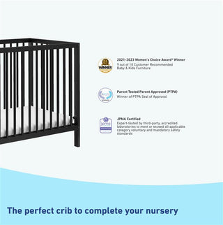 black mini crib with awards and certifications