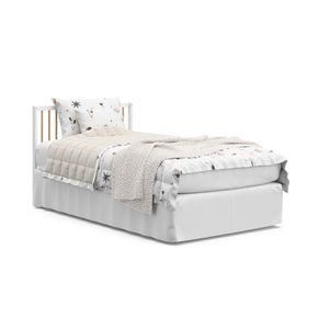 Whie with driftwood mini crib in full-size bed with headboard only
