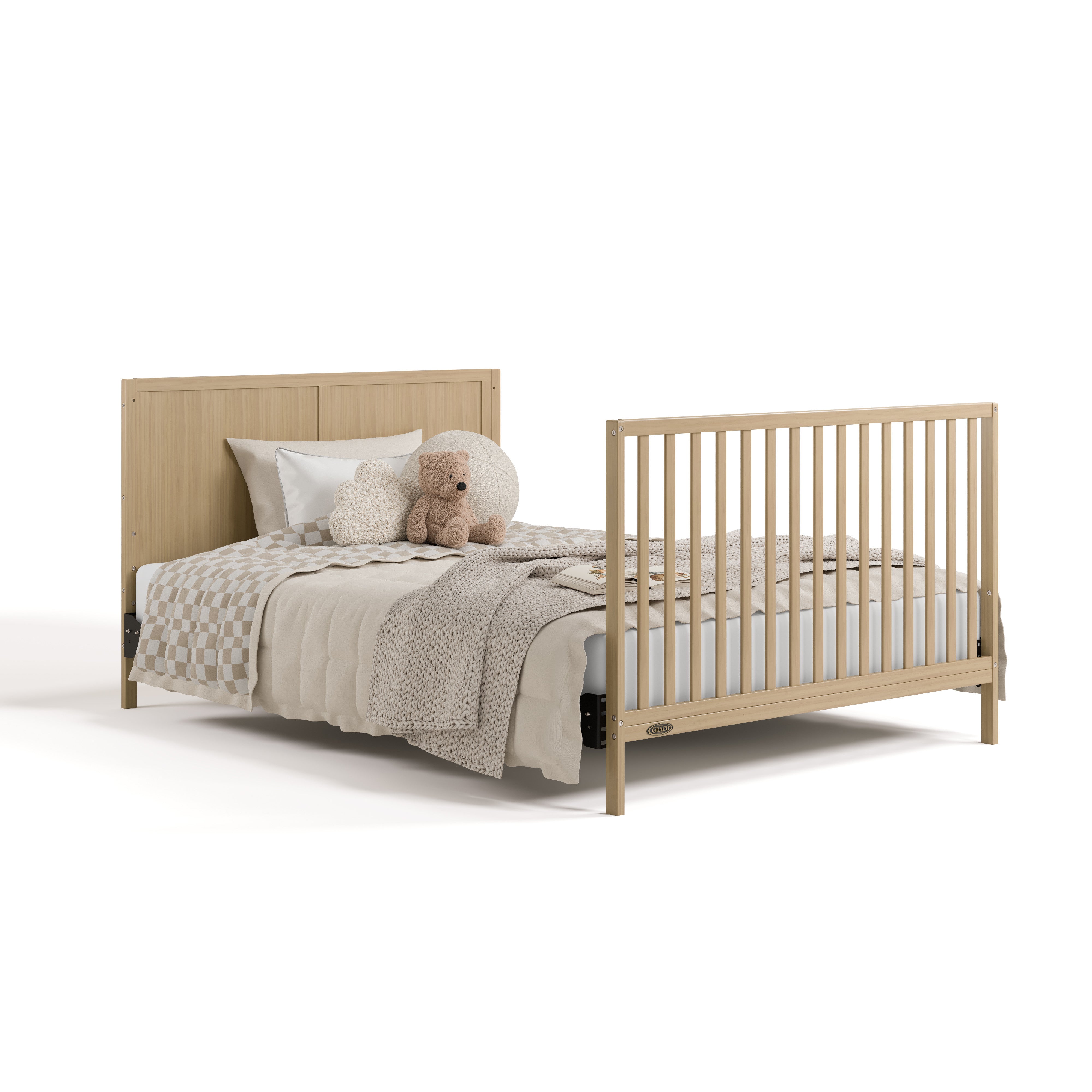 Melrose driftwood crib with drawer converted to full-size bed with footboard