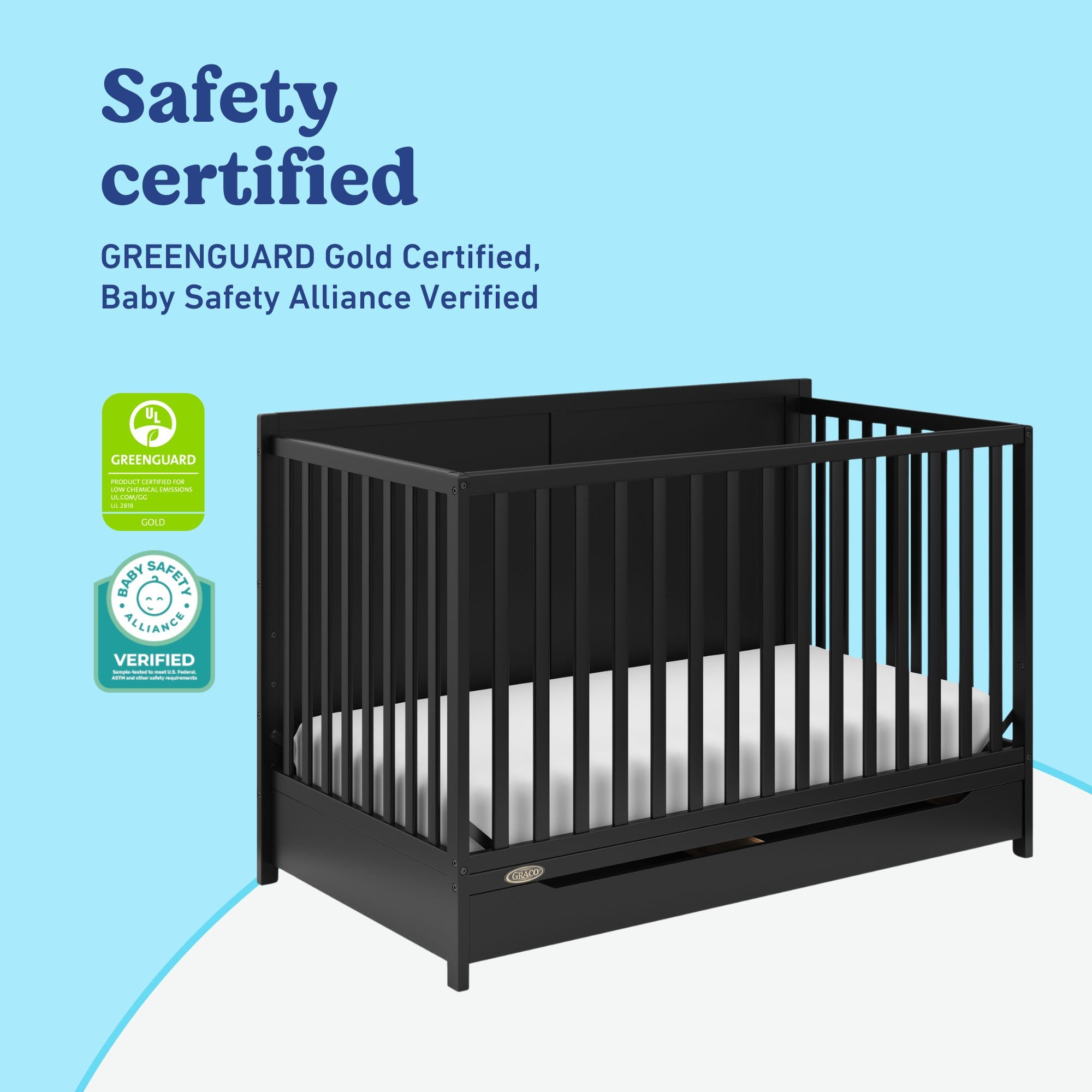 Melrose black crib with drawer certifications callout