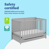 Melrose pebble gray crib with drawer certifications callout