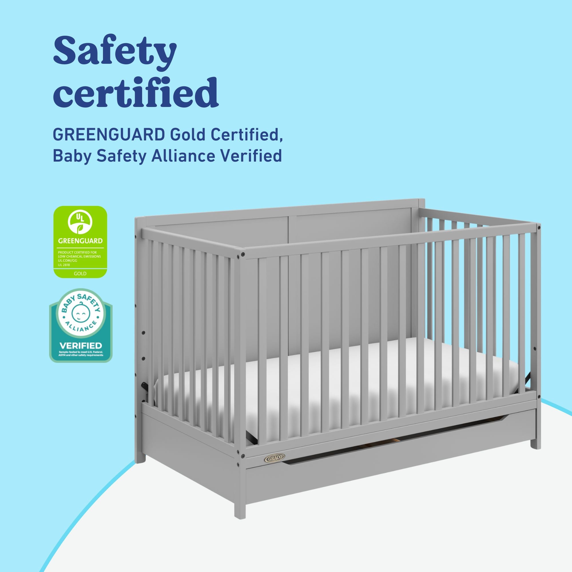 Melrose pebble gray crib with drawer certifications callout