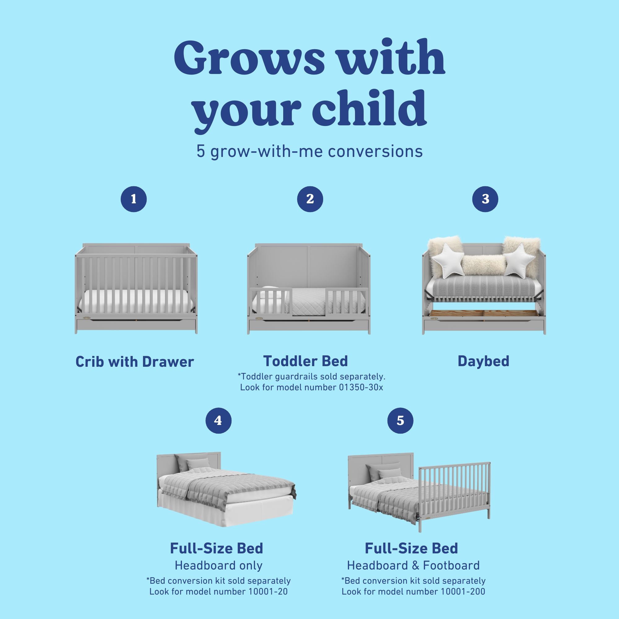 Melrose pebble gray crib with drawer conversions callout