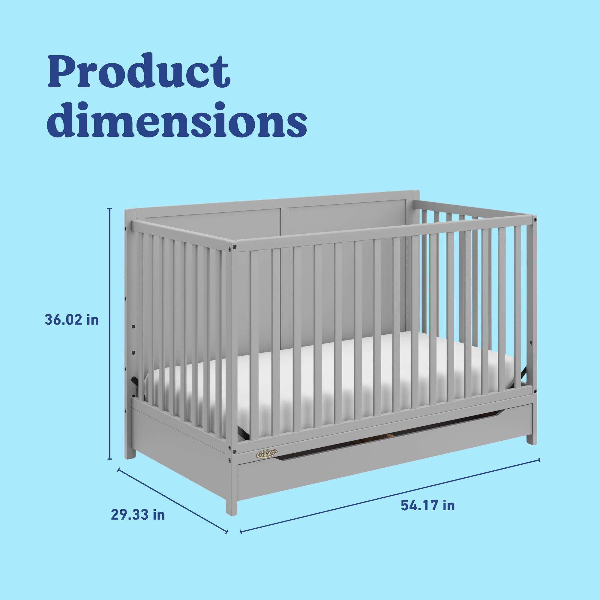 Melrose pebble gray crib with drawer with dimensions