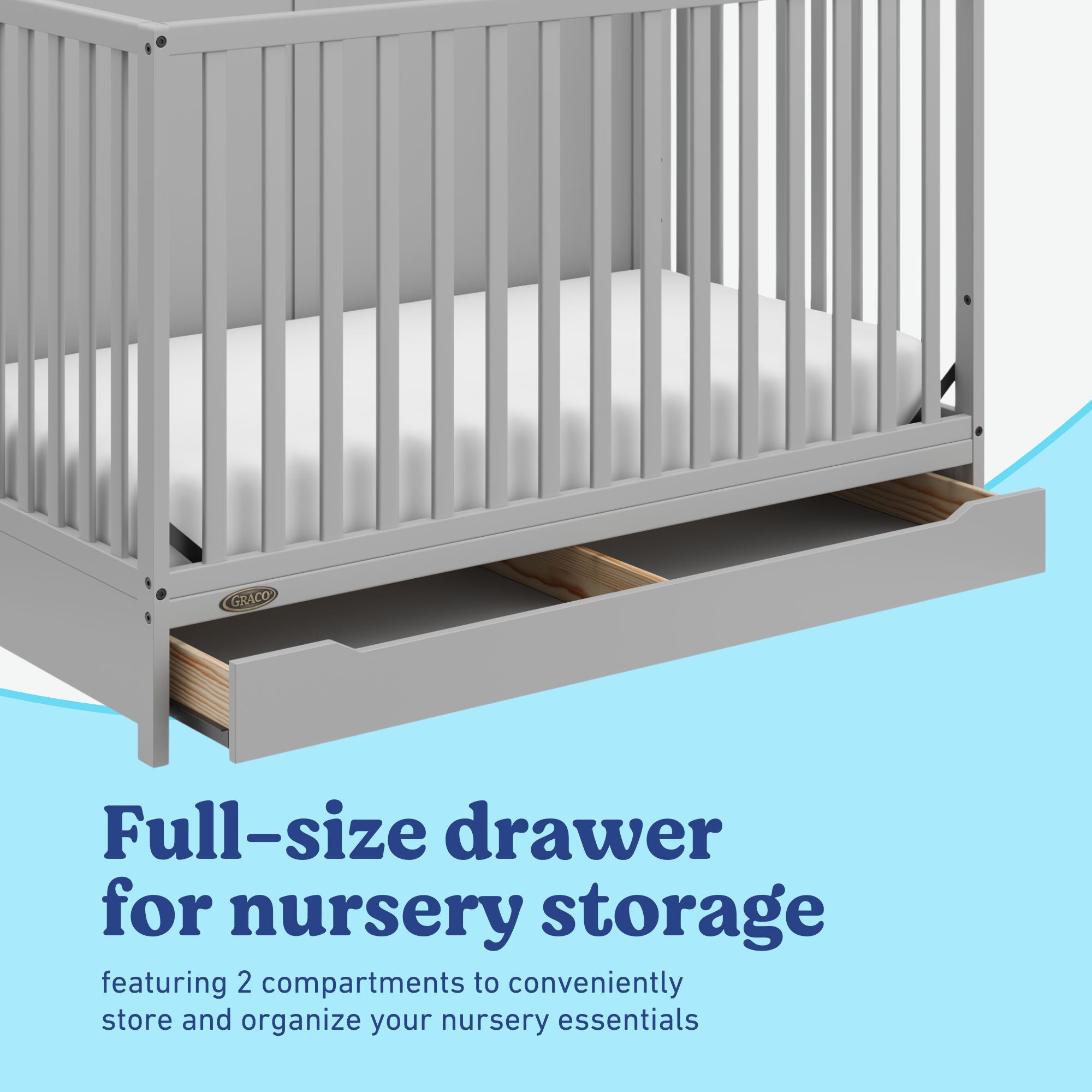 Melrose pebble gray crib with drawer full-size drawer callout