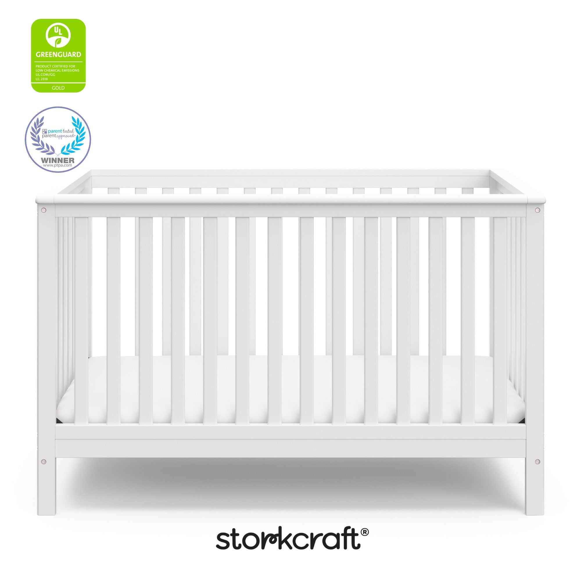 Hillcrest white crib with GGG and PTPA logo on top left