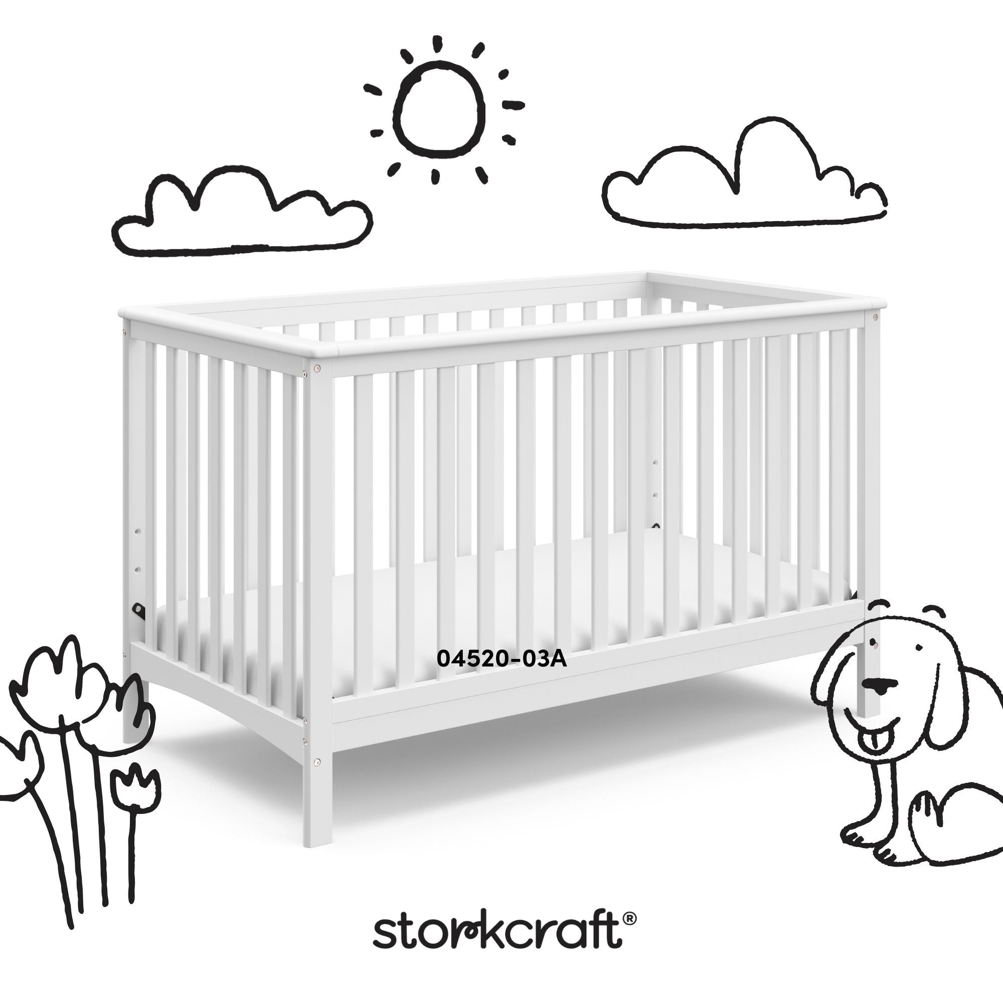Hillcrest white crib with black doodles overlaid on image