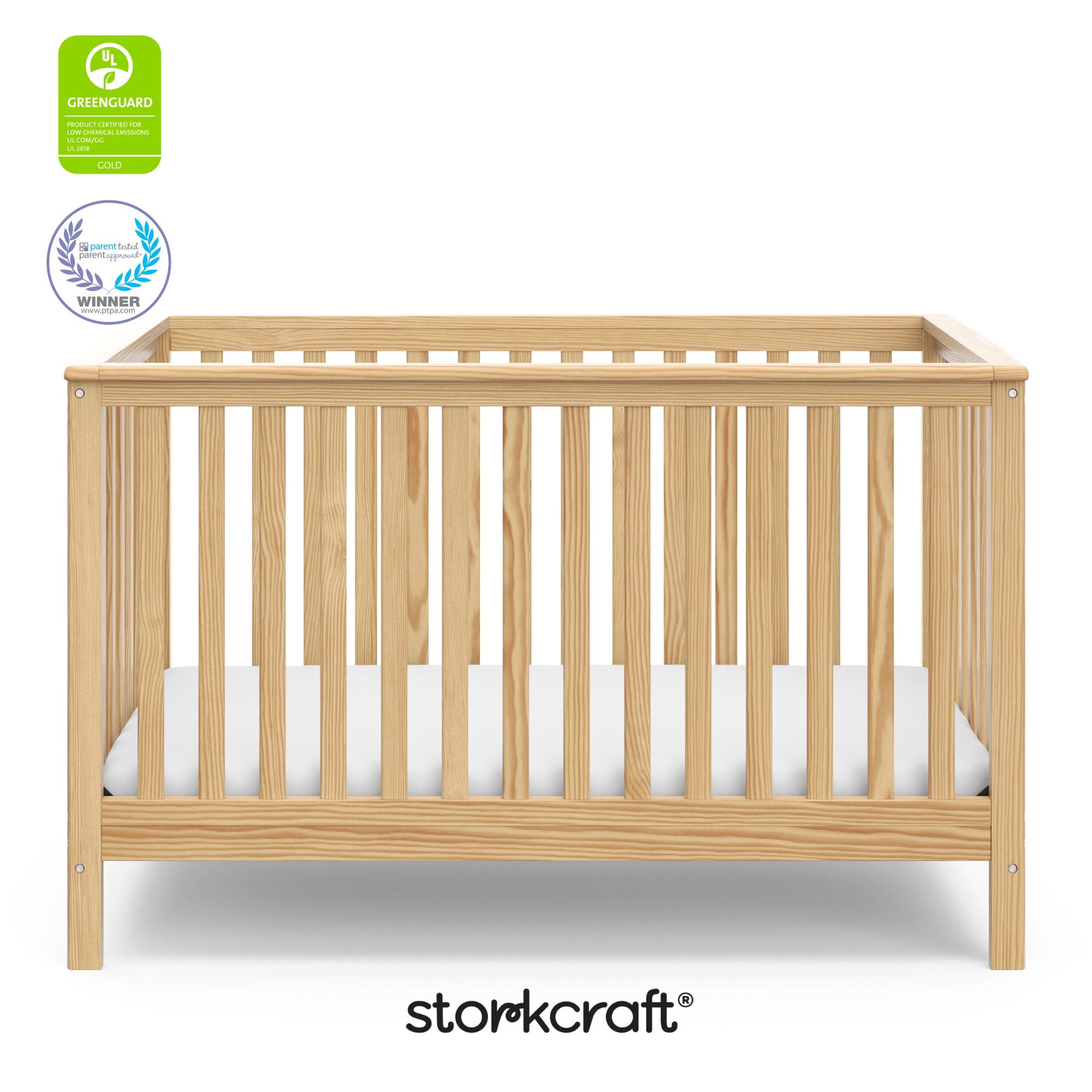 Hillcrest natural crib with GGG and PTPA logo on top left